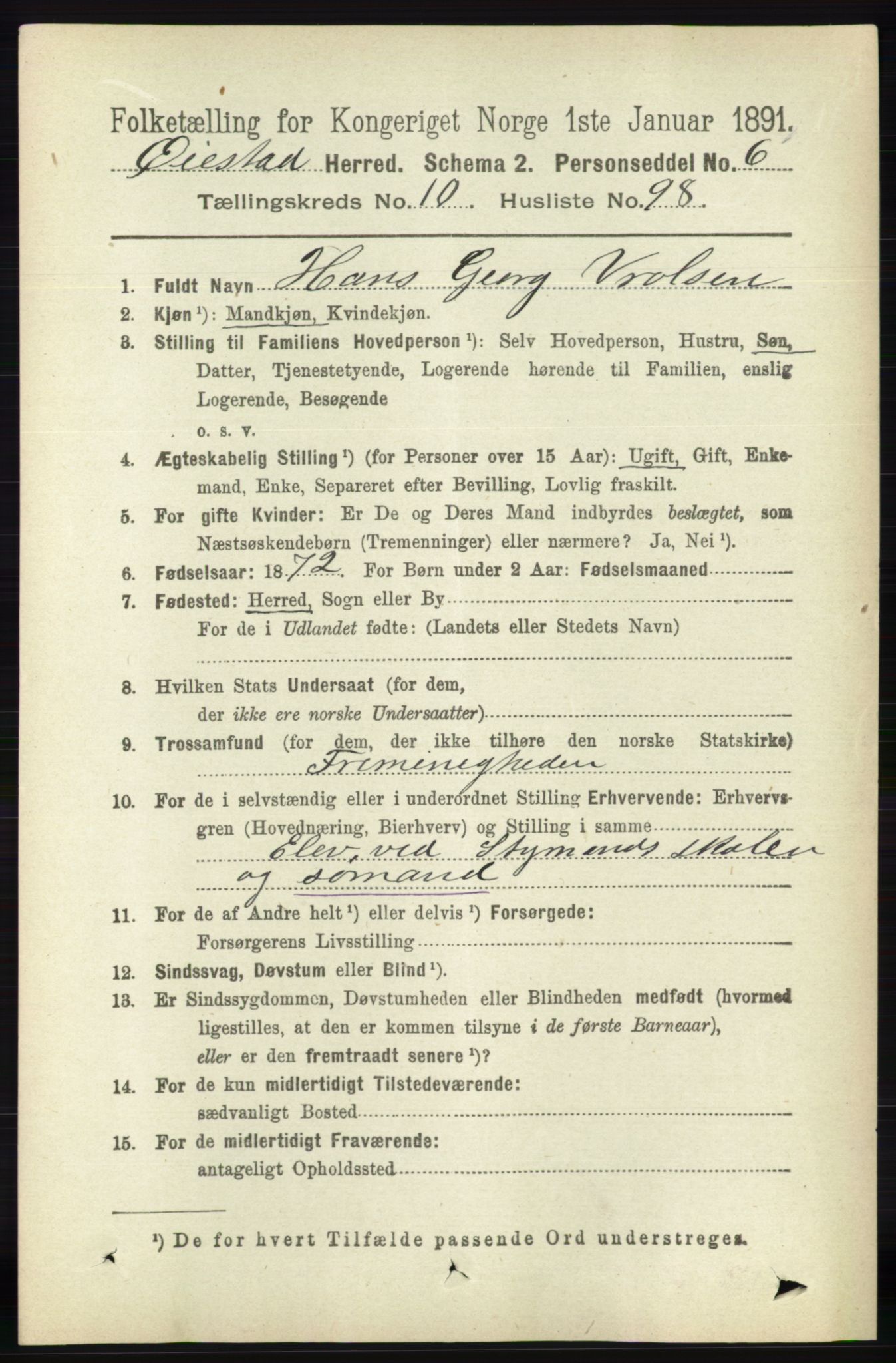 RA, 1891 census for 0920 Øyestad, 1891, p. 4724