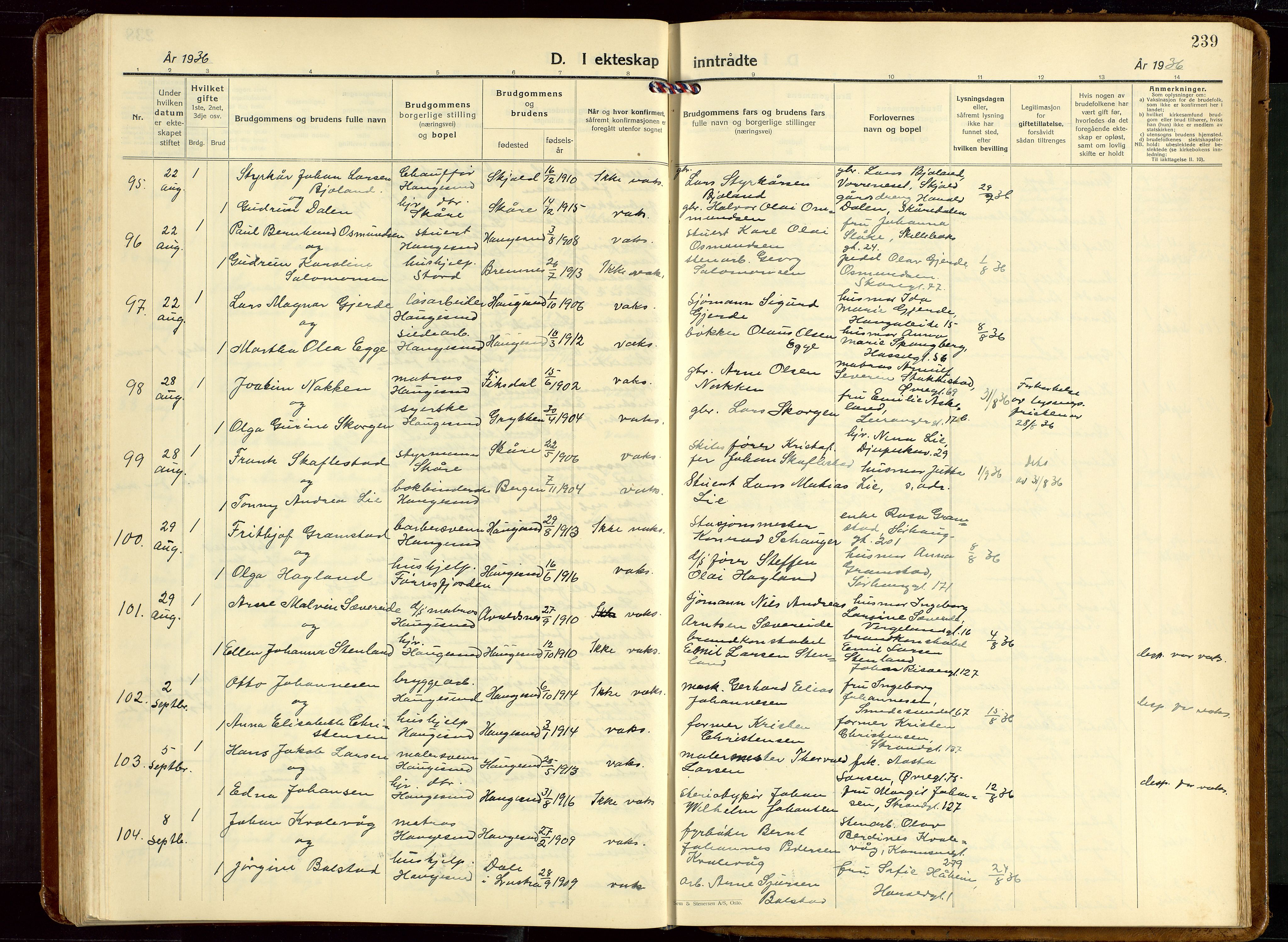 Haugesund sokneprestkontor, SAST/A -101863/H/Ha/Hab/L0013: Parish register (copy) no. B 13, 1931-1943, p. 239