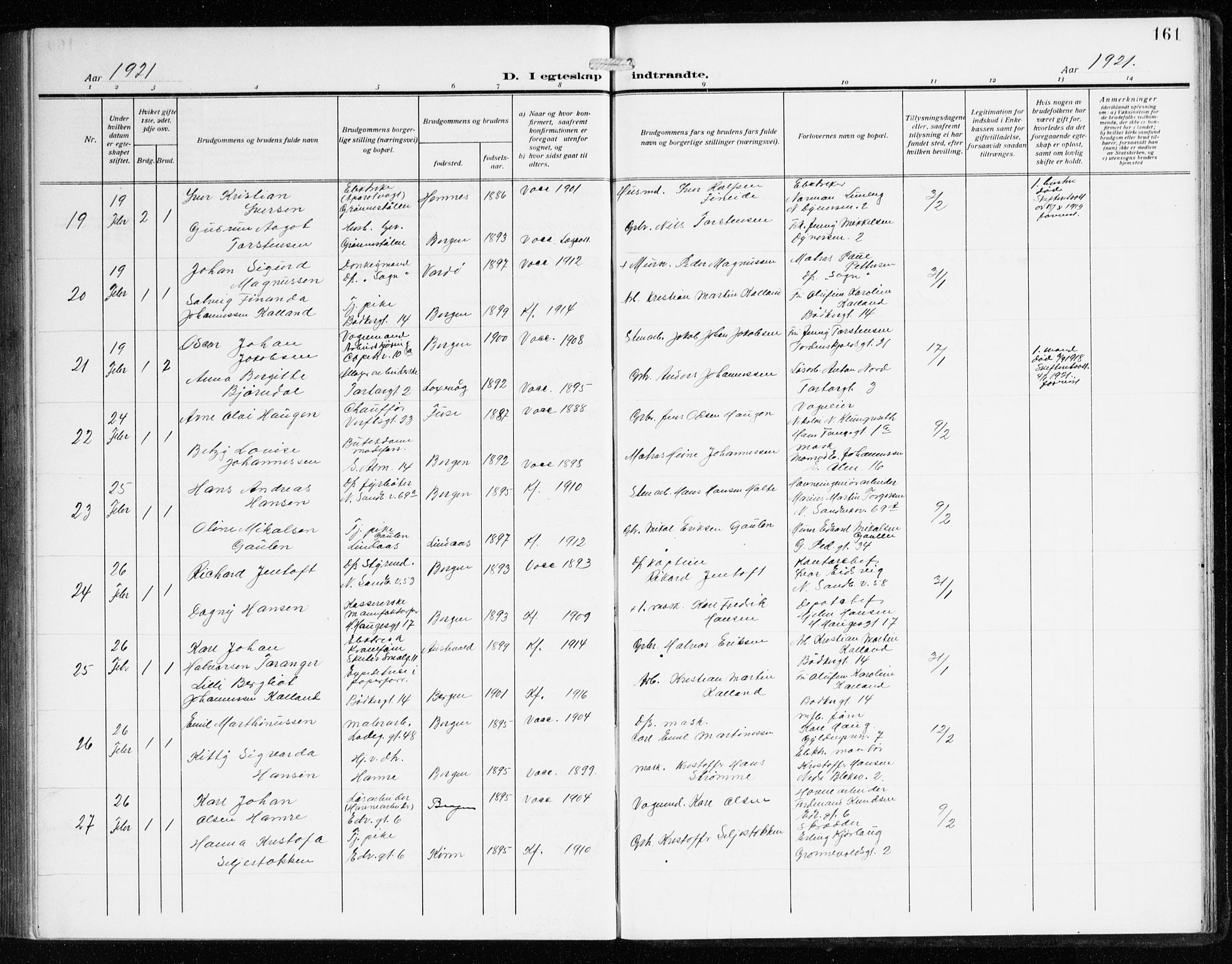 Sandviken Sokneprestembete, SAB/A-77601/H/Ha/L0015: Parish register (official) no. D 2, 1911-1923, p. 161