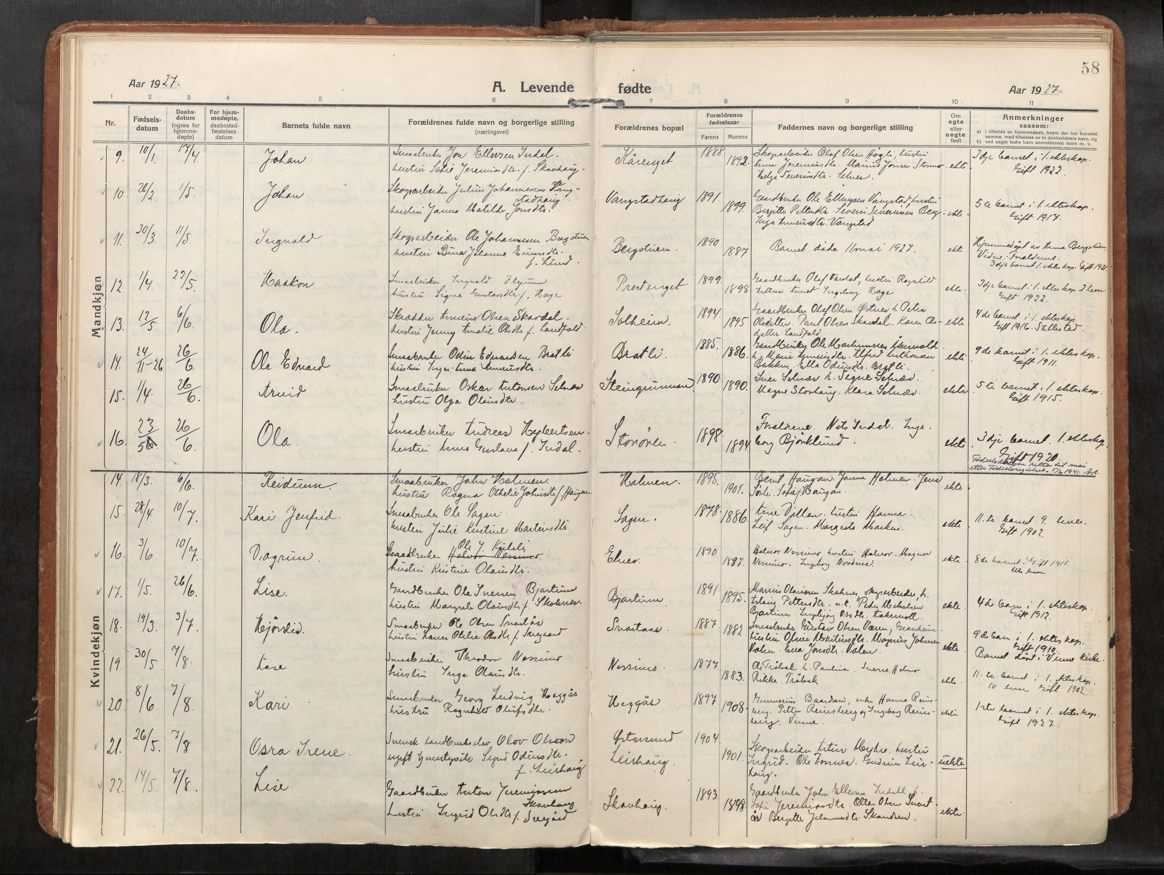 Verdal sokneprestkontor, SAT/A-1156/2/H/Haa/L0004: Parish register (official) no. 4, 1916-1928, p. 58