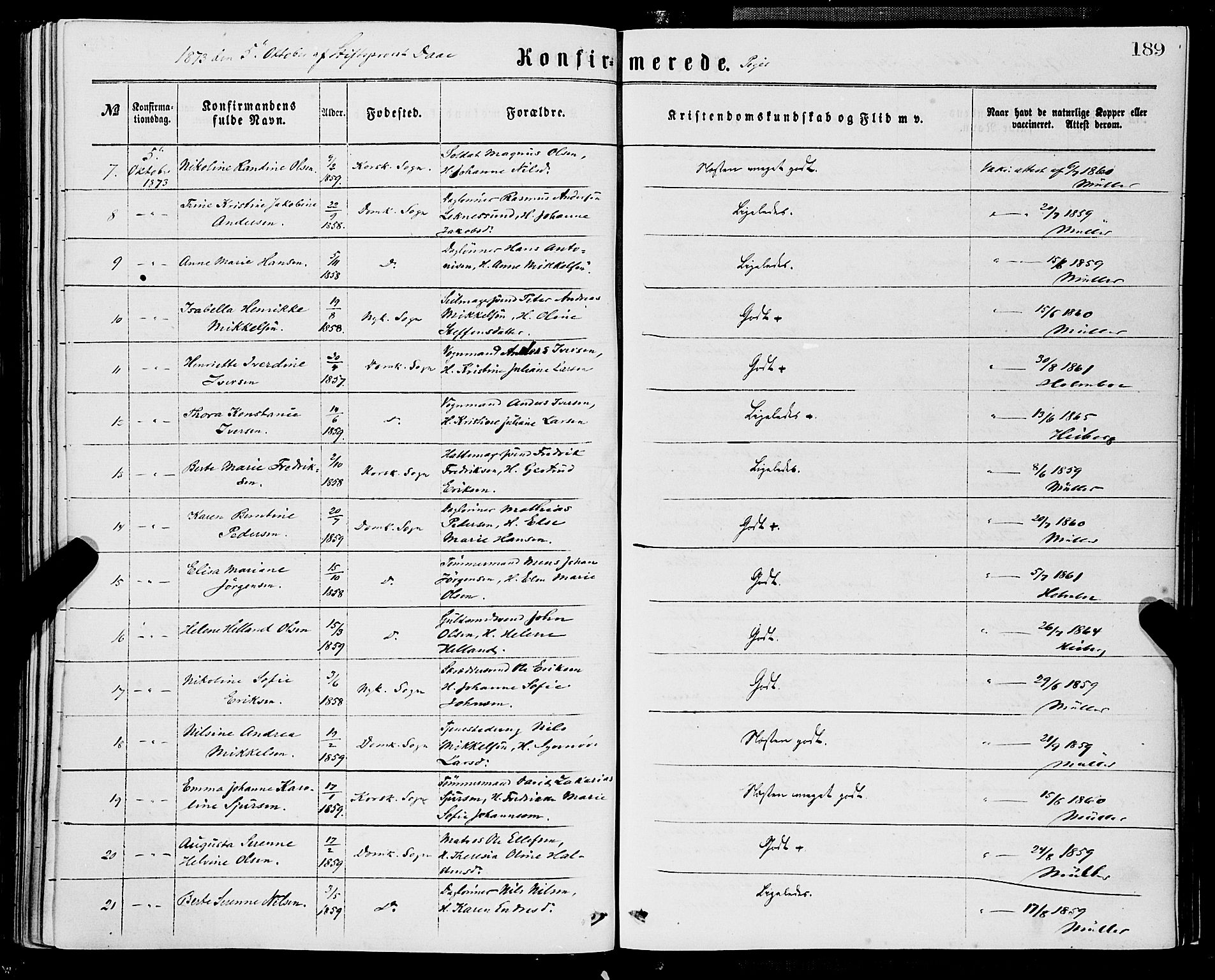 Domkirken sokneprestembete, SAB/A-74801/H/Haa/L0029: Parish register (official) no. C 4, 1864-1879, p. 189