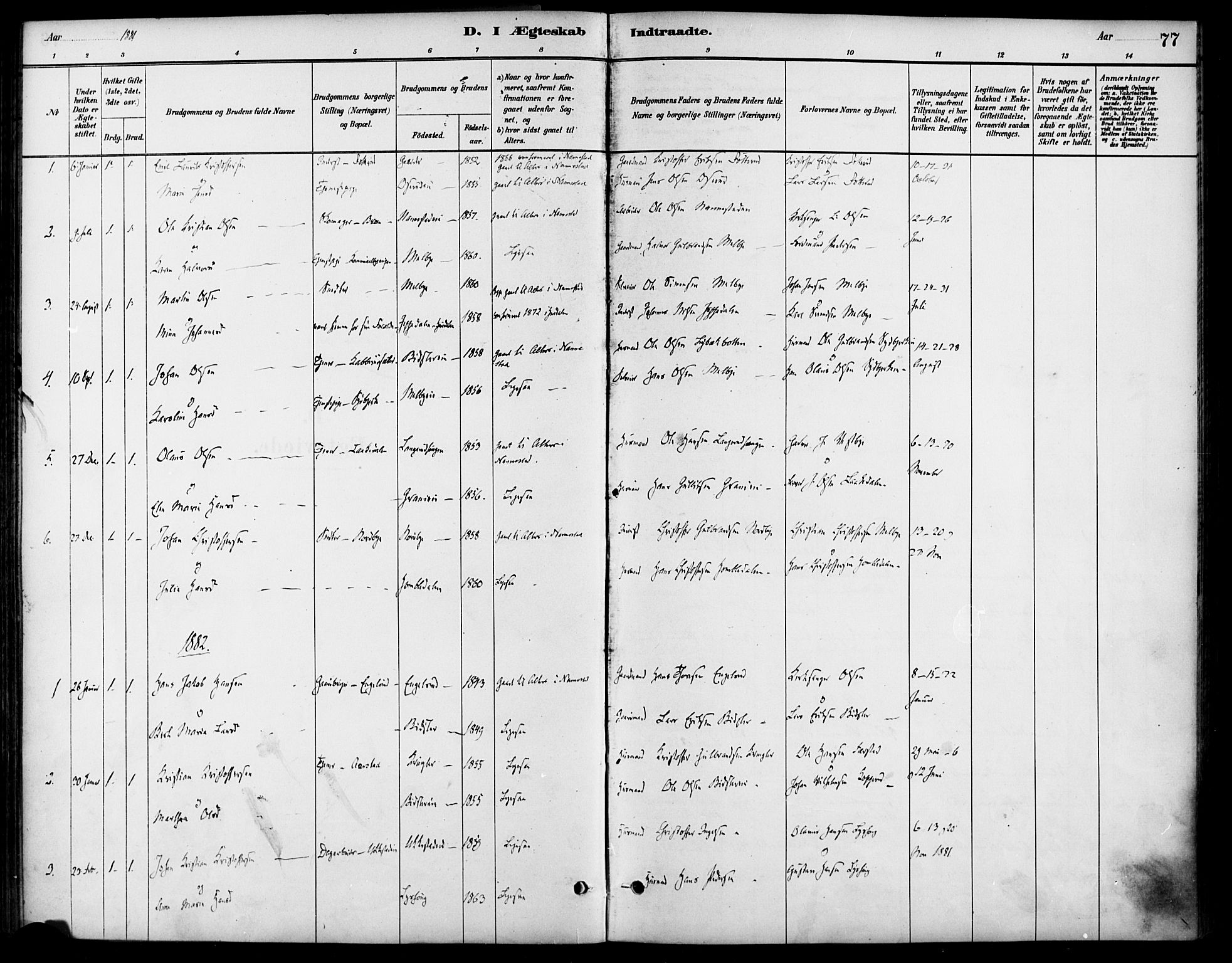 Nannestad prestekontor Kirkebøker, SAO/A-10414a/F/Fa/L0014: Parish register (official) no. I 14, 1881-1890, p. 77