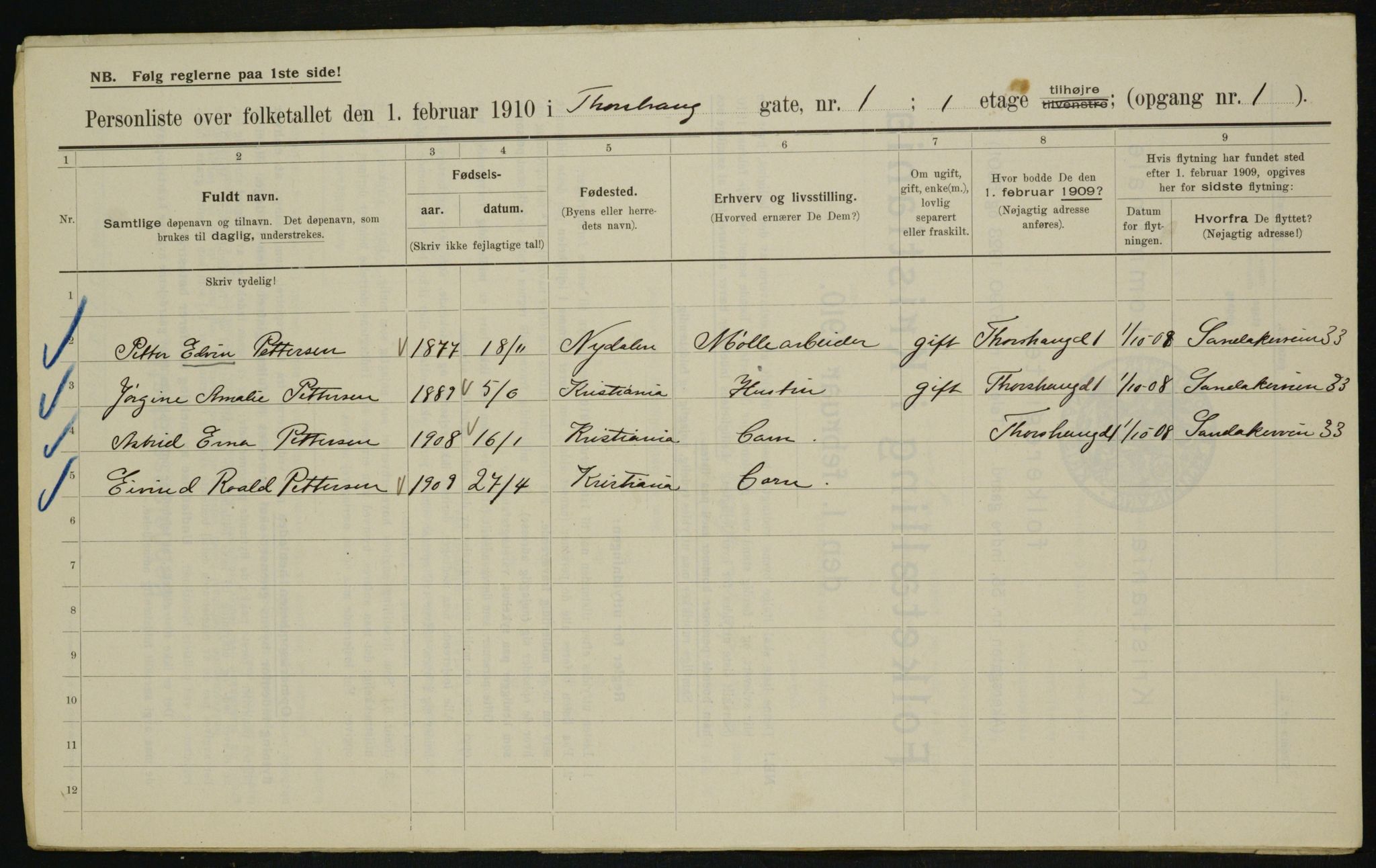 OBA, Municipal Census 1910 for Kristiania, 1910, p. 108605