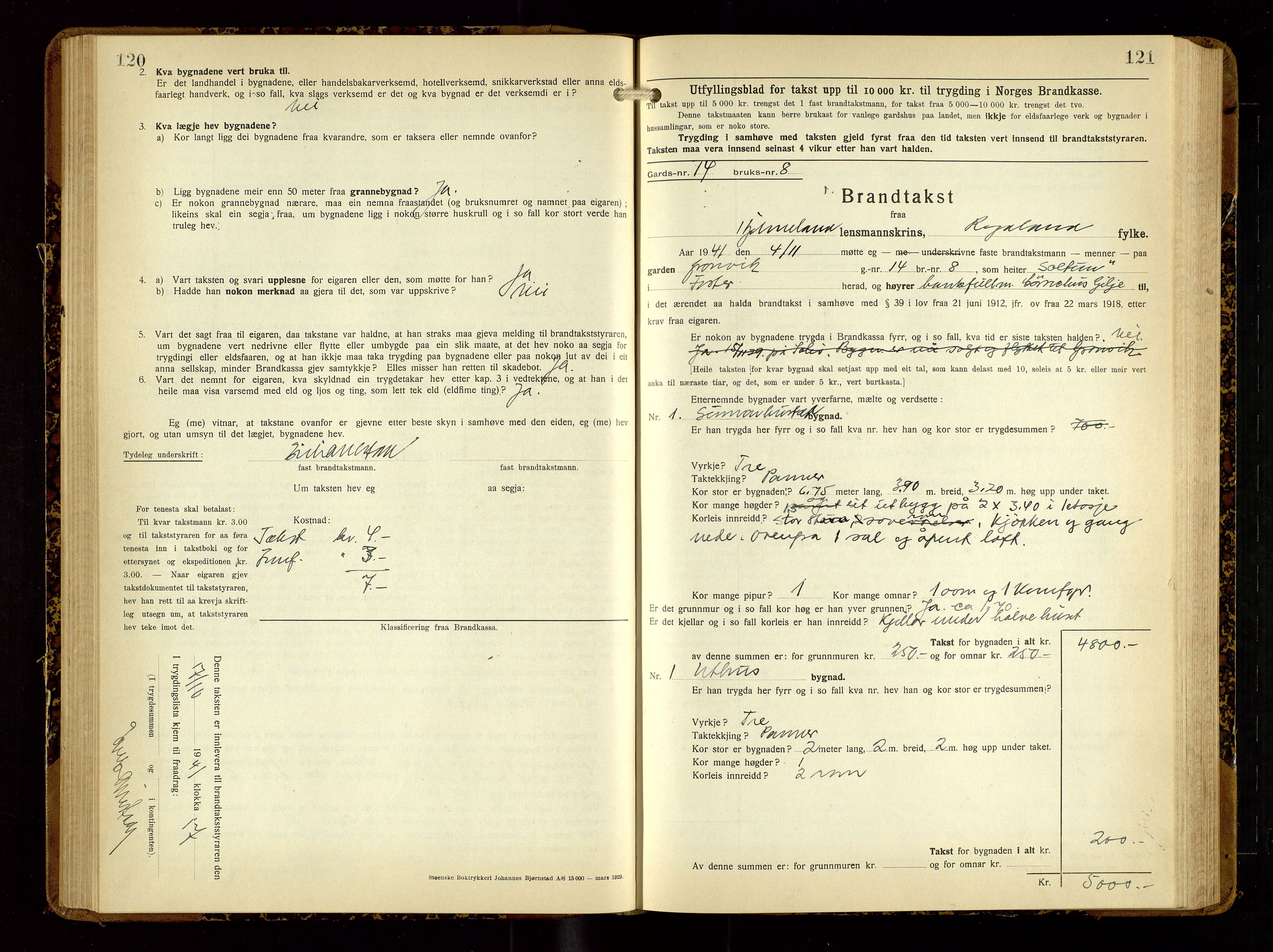 Hjelmeland lensmannskontor, SAST/A-100439/Gob/L0003: "Brandtakstbok", 1932-1950, p. 120-121