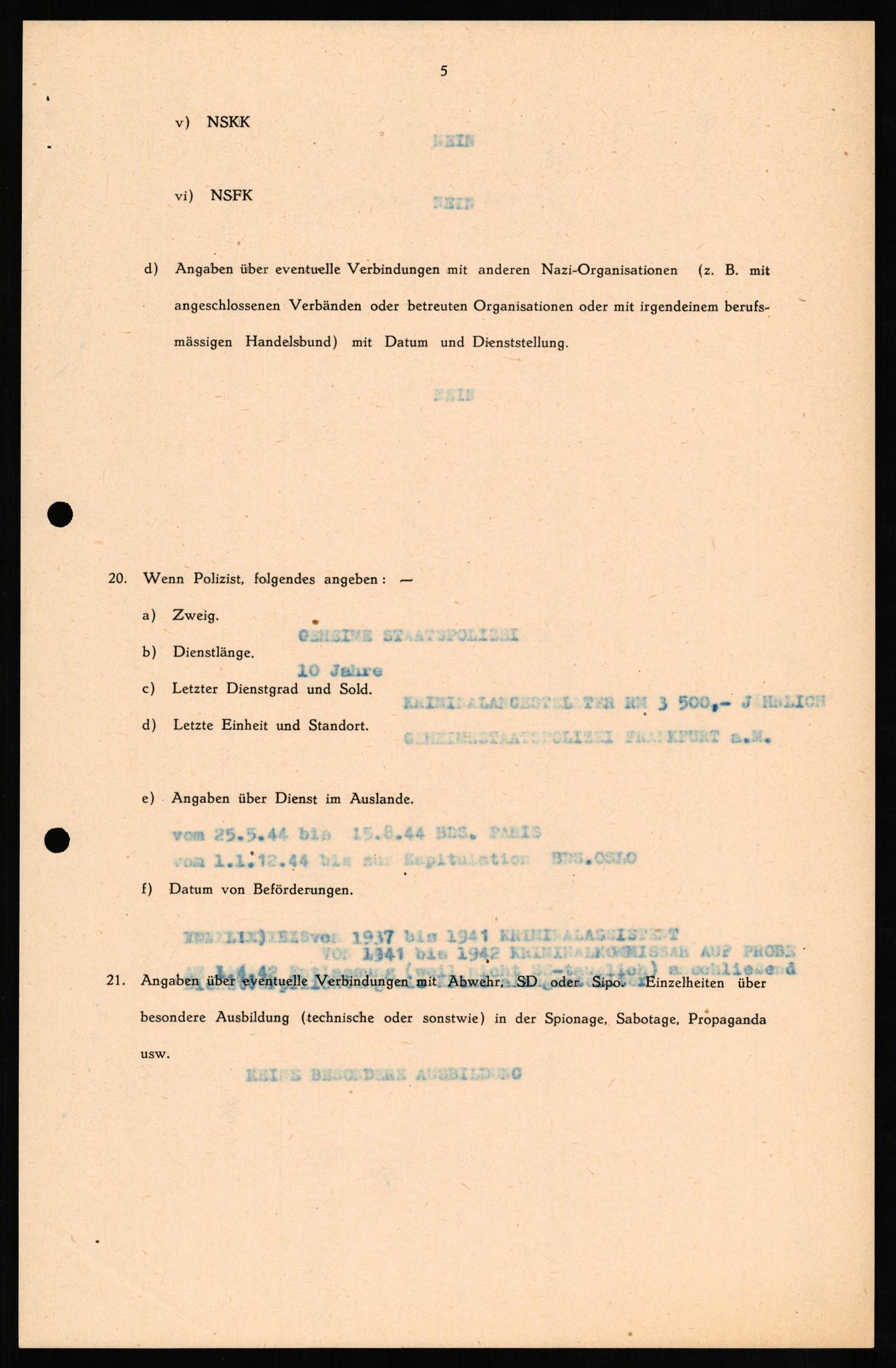 Forsvaret, Forsvarets overkommando II, RA/RAFA-3915/D/Db/L0014: CI Questionaires. Tyske okkupasjonsstyrker i Norge. Tyskere., 1945-1946, p. 25
