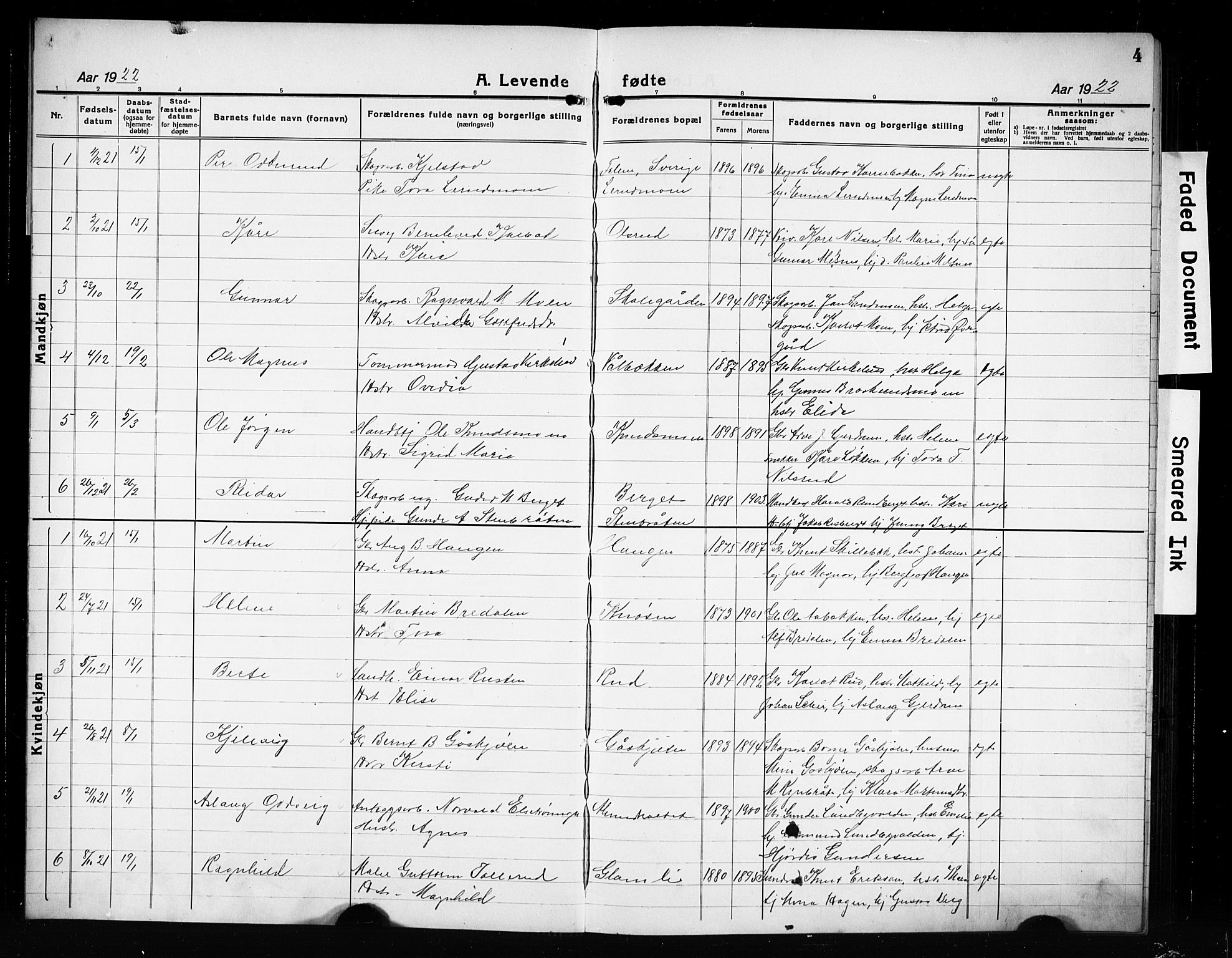 Våler prestekontor, Hedmark, AV/SAH-PREST-040/H/Ha/Hab/L0004: Parish register (copy) no. 4, 1922-1931, p. 4