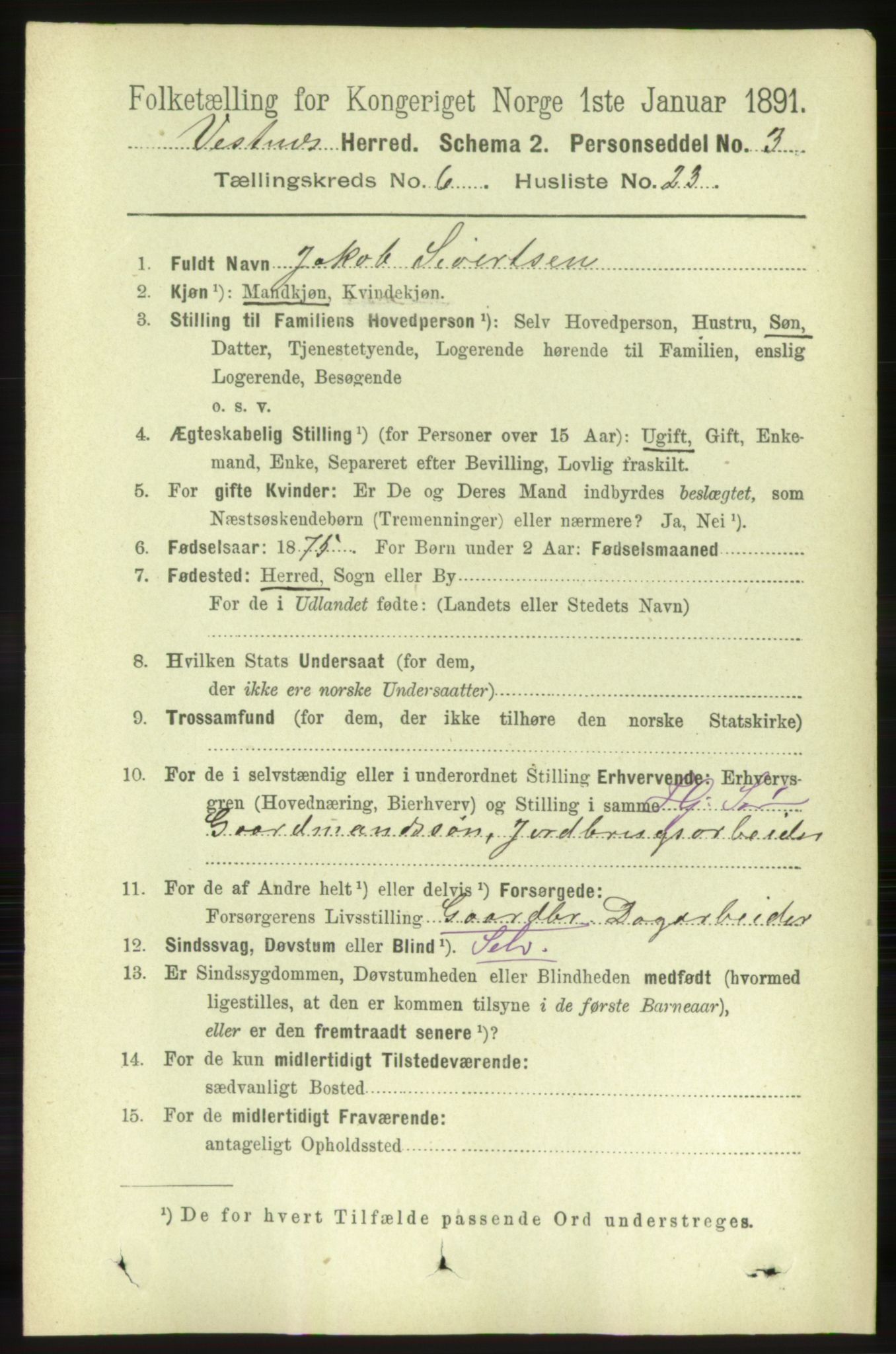 RA, 1891 census for 1535 Vestnes, 1891, p. 2303