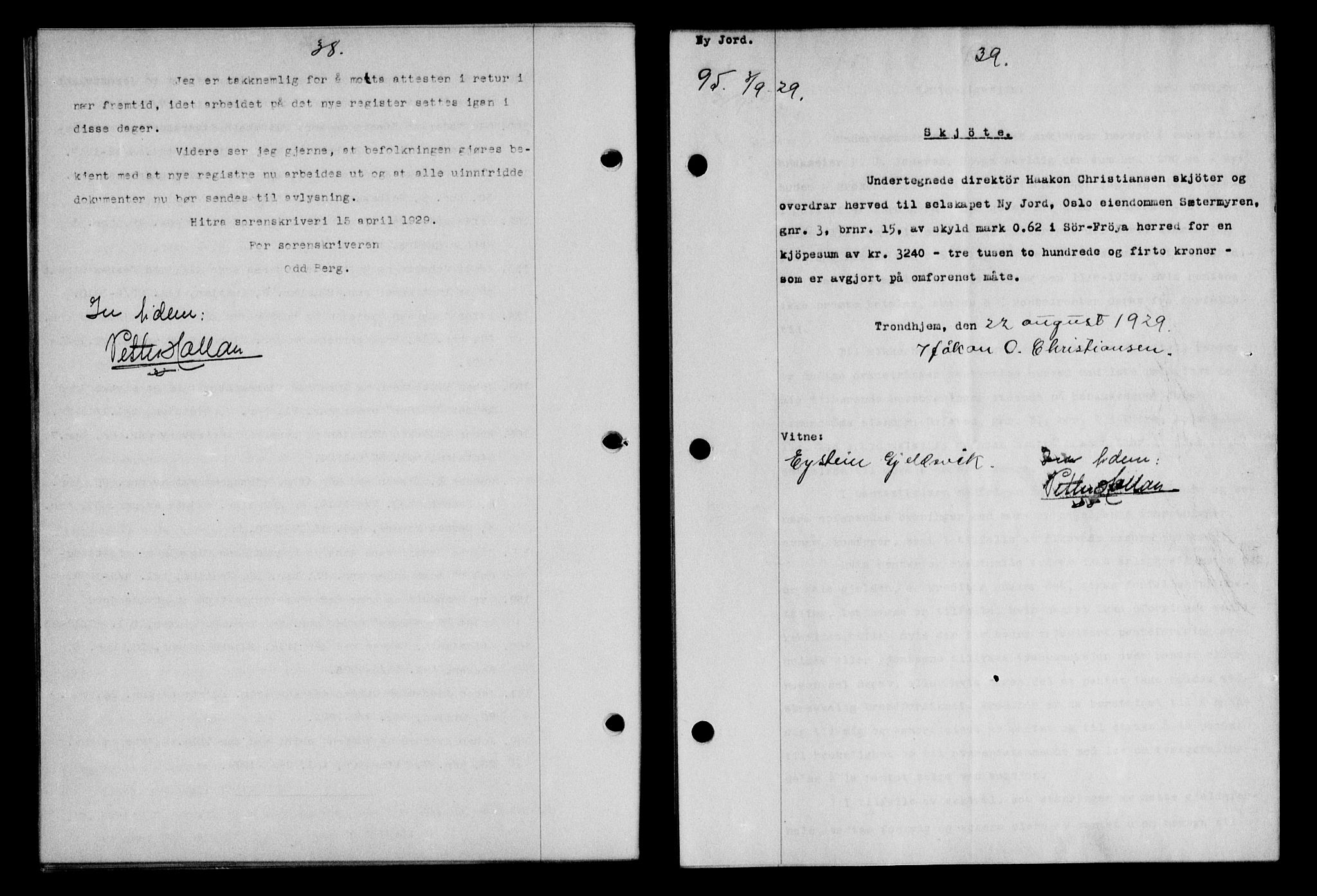 Hitra sorenskriveri, AV/SAT-A-0018/2/2C/2Ca/L0013: Mortgage book no. 13, 1929-1929, p. 38-39