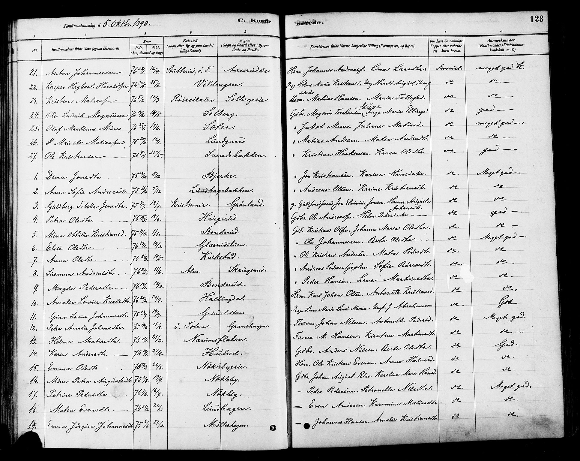 Vestre Toten prestekontor, SAH/PREST-108/H/Ha/Haa/L0010: Parish register (official) no. 10, 1878-1894, p. 123