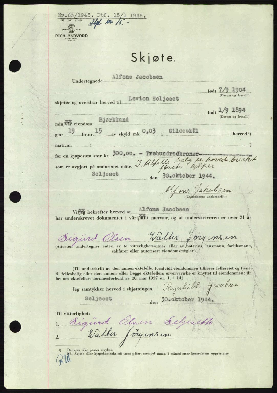 Salten sorenskriveri, AV/SAT-A-4578/1/2/2C: Mortgage book no. A14-15, 1943-1945, Diary no: : 63/1945