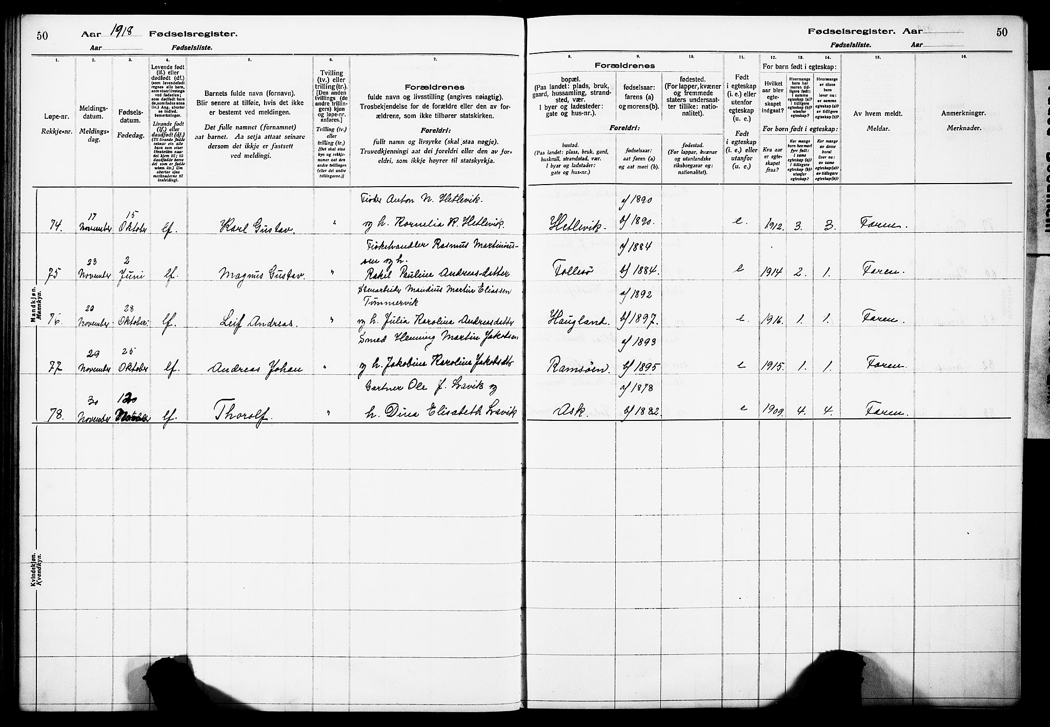 Askøy Sokneprestembete, AV/SAB-A-74101/I/Id/L00A1: Birth register no. A 1, 1916-1928, p. 50