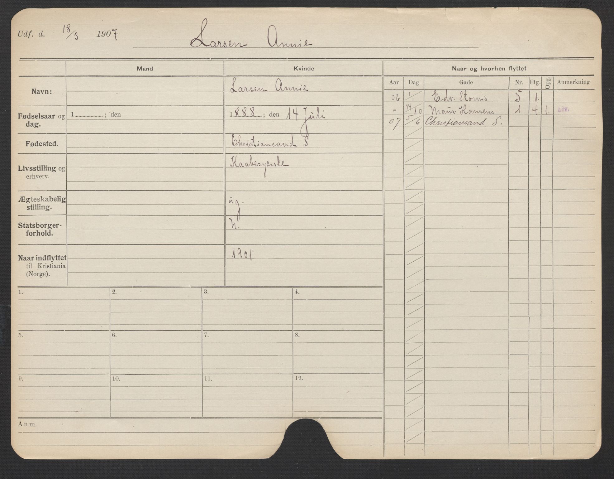 Oslo folkeregister, Registerkort, AV/SAO-A-11715/F/Fa/Fac/L0019: Kvinner, 1906-1914, p. 825a