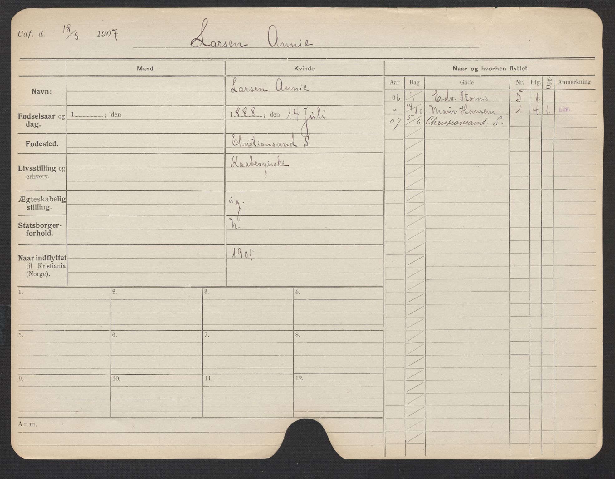 Oslo folkeregister, Registerkort, SAO/A-11715/F/Fa/Fac/L0019: Kvinner, 1906-1914, p. 825a