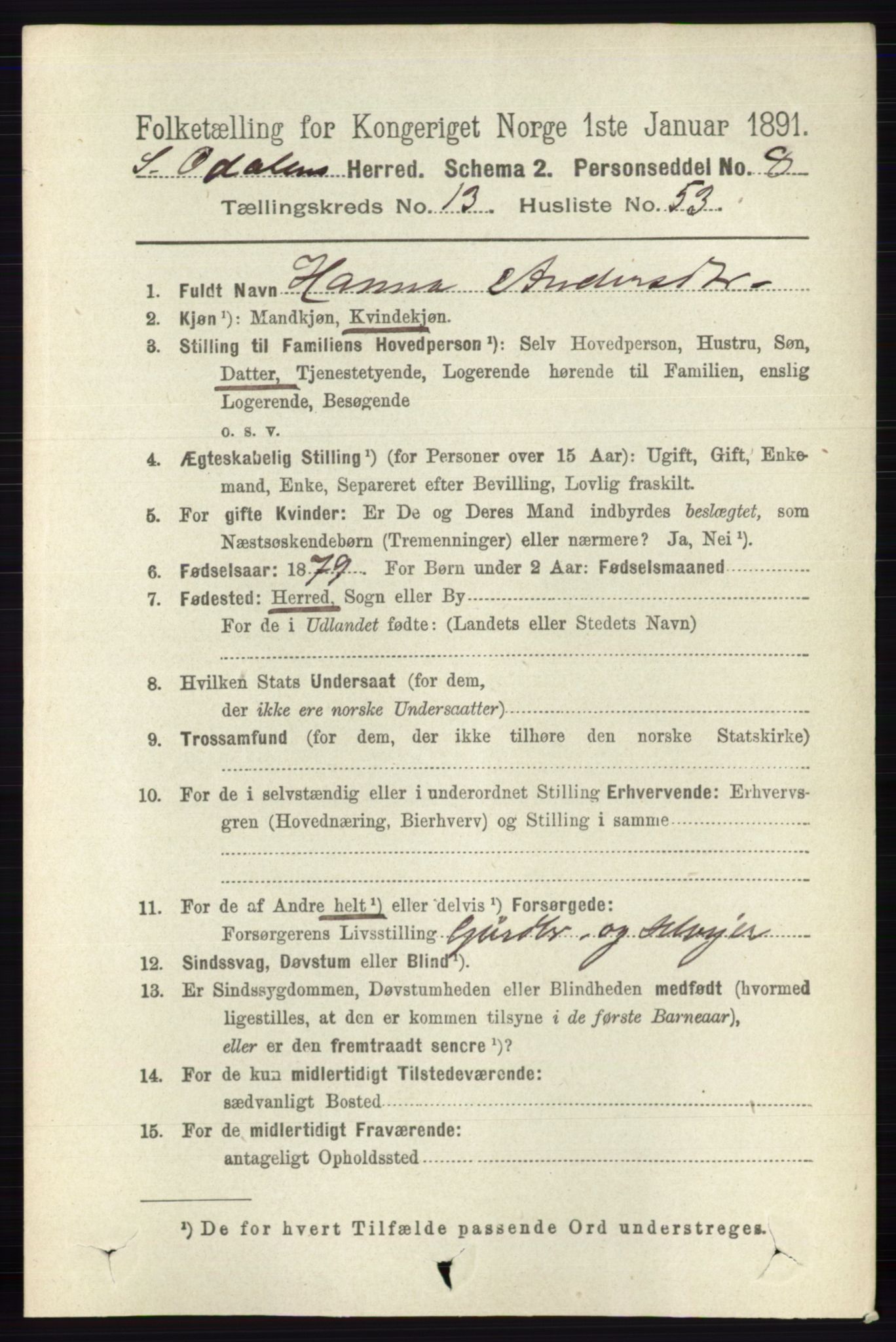 RA, 1891 census for 0419 Sør-Odal, 1891, p. 5911