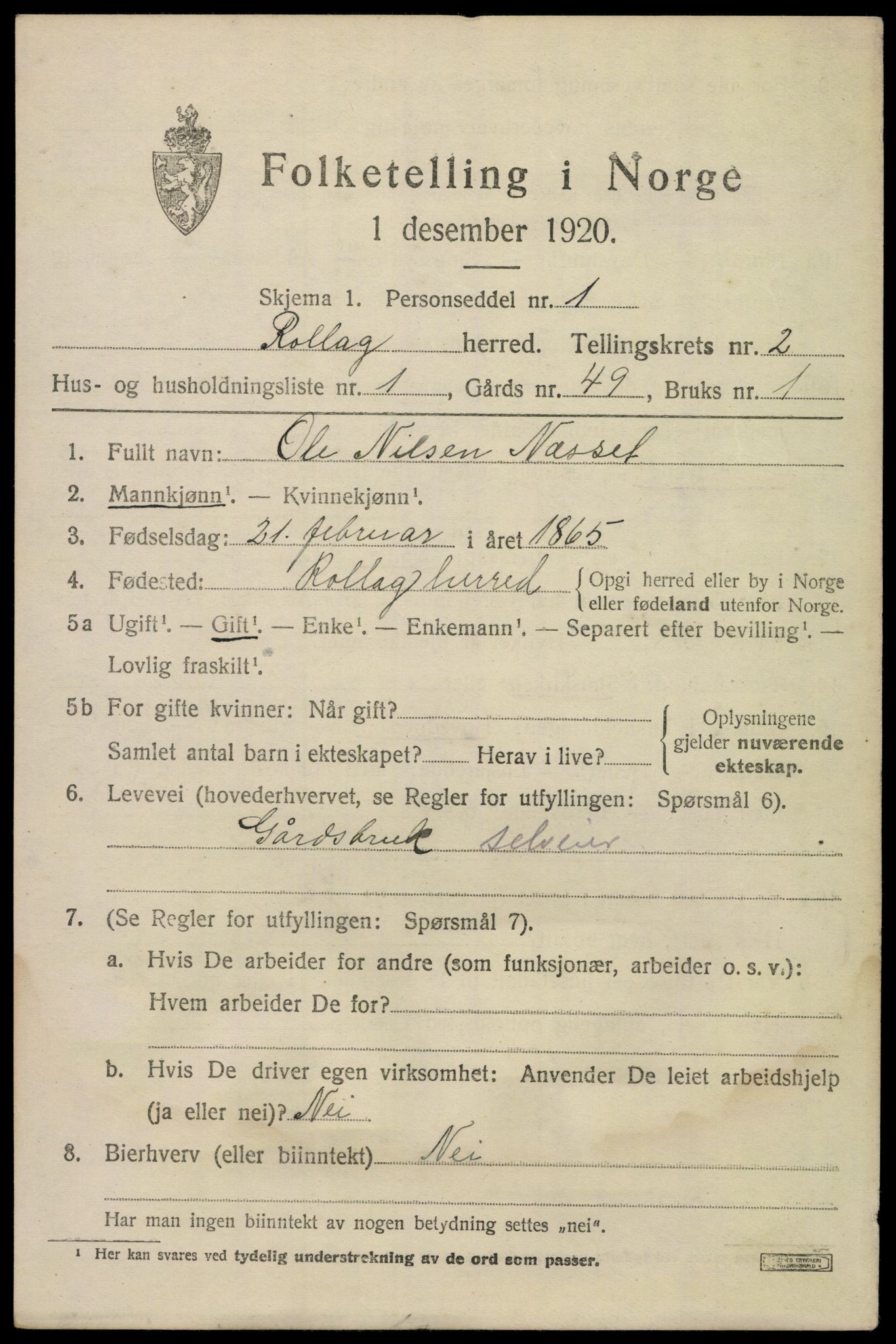 SAKO, 1920 census for Rollag, 1920, p. 954