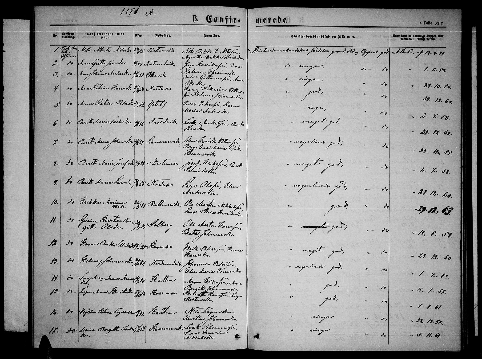 Lyngen sokneprestembete, SATØ/S-1289/H/He/Heb/L0004klokker: Parish register (copy) no. 4, 1868-1878, p. 157