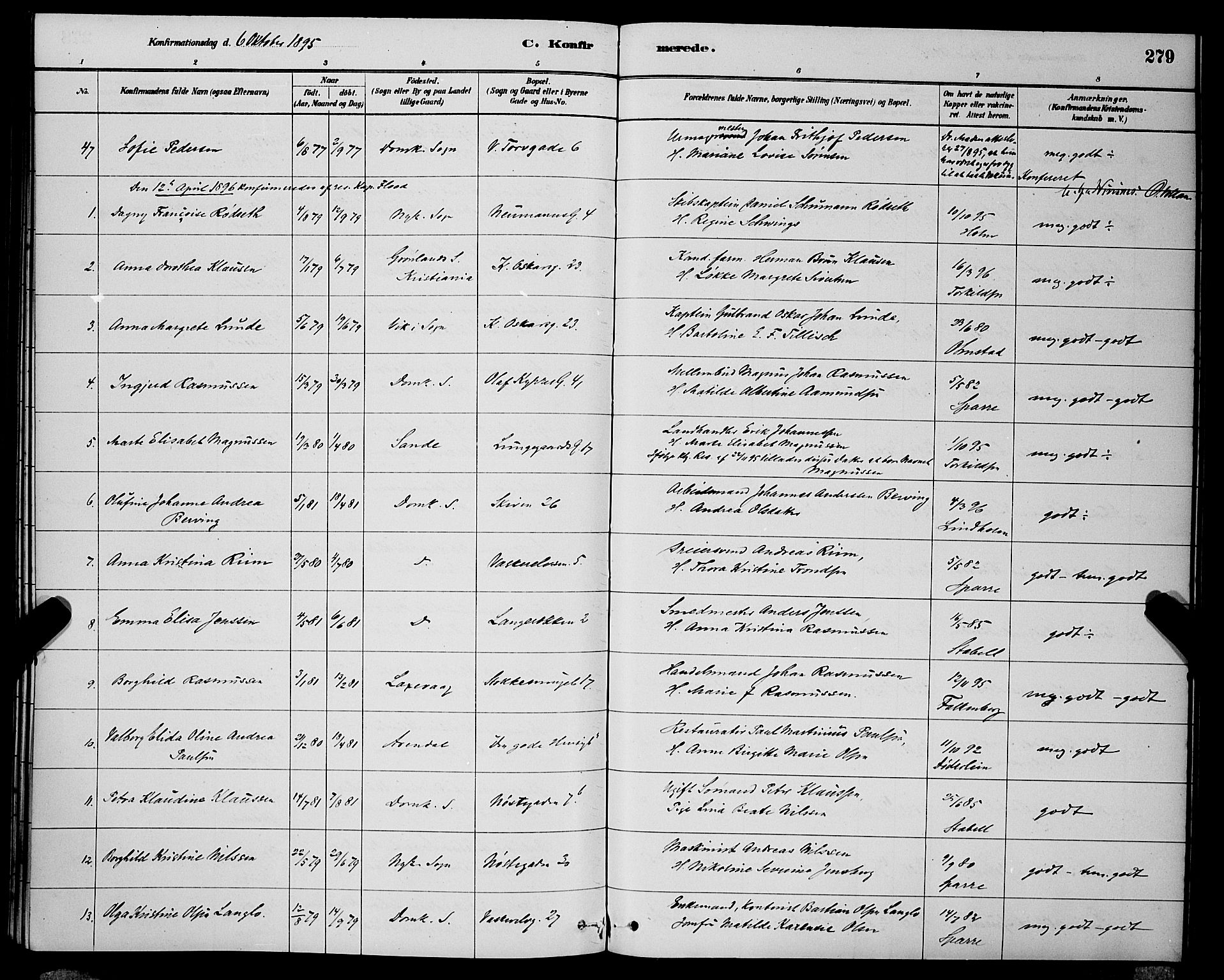 Domkirken sokneprestembete, SAB/A-74801/H/Hab/L0024: Parish register (copy) no. C 4, 1880-1899, p. 279