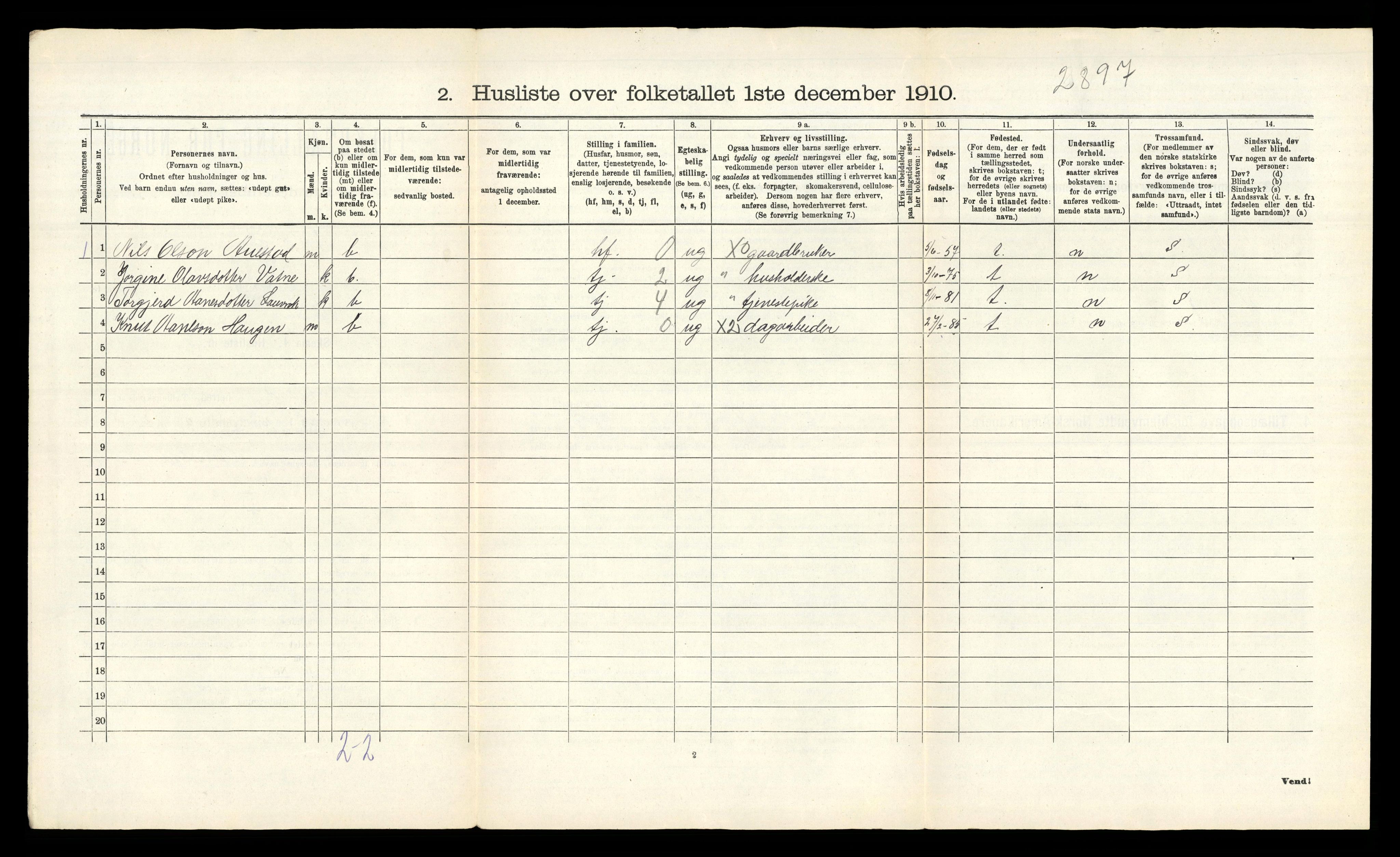 RA, 1910 census for Mykland, 1910, p. 22