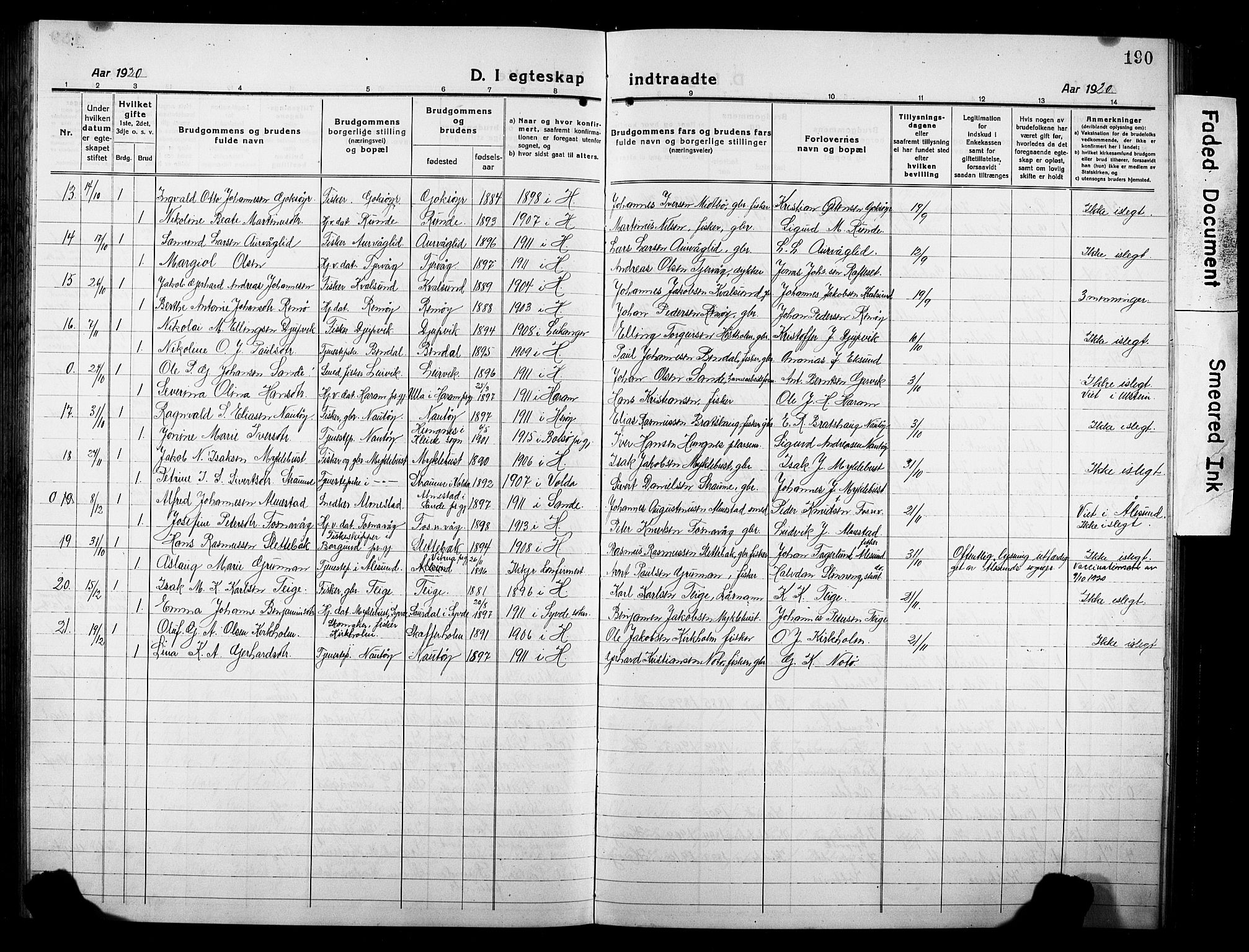 Ministerialprotokoller, klokkerbøker og fødselsregistre - Møre og Romsdal, AV/SAT-A-1454/507/L0084: Parish register (copy) no. 507C07, 1919-1932, p. 190