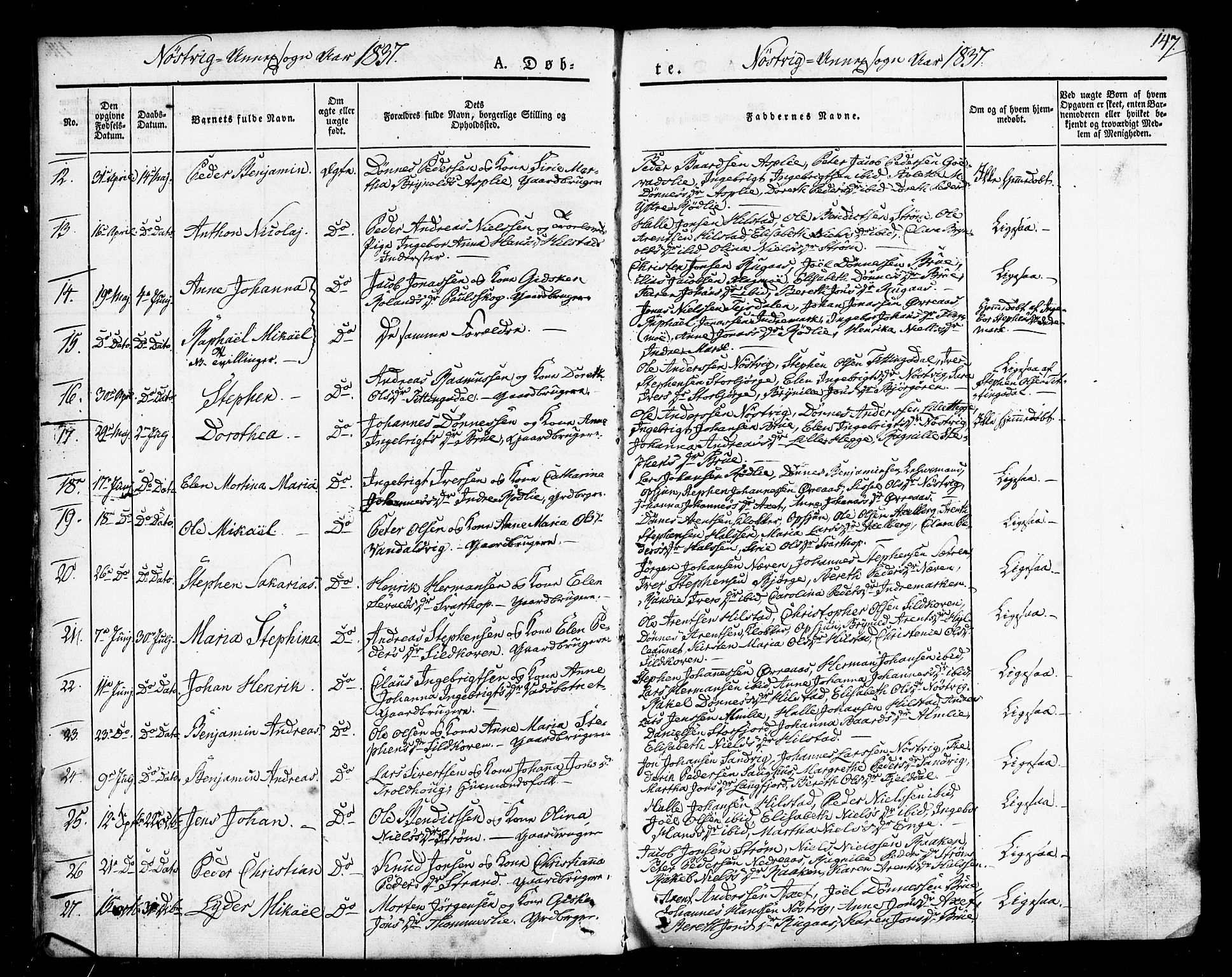 Ministerialprotokoller, klokkerbøker og fødselsregistre - Nordland, SAT/A-1459/814/L0224: Parish register (official) no. 814A05, 1834-1874, p. 147