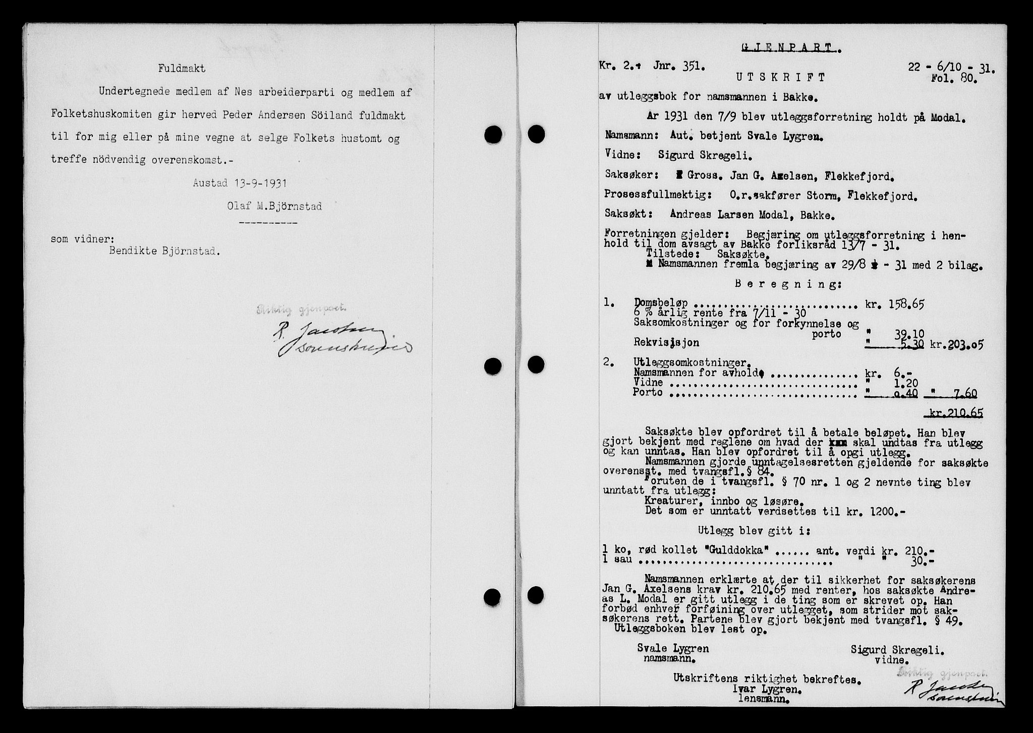 Flekkefjord sorenskriveri, SAK/1221-0001/G/Gb/Gba/L0047: Mortgage book no. 45, 1931-1932, Deed date: 20.10.1931