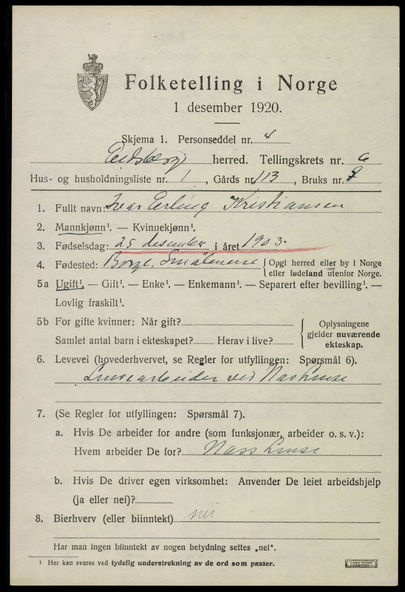 SAO, 1920 census for Eidsberg, 1920, p. 7487