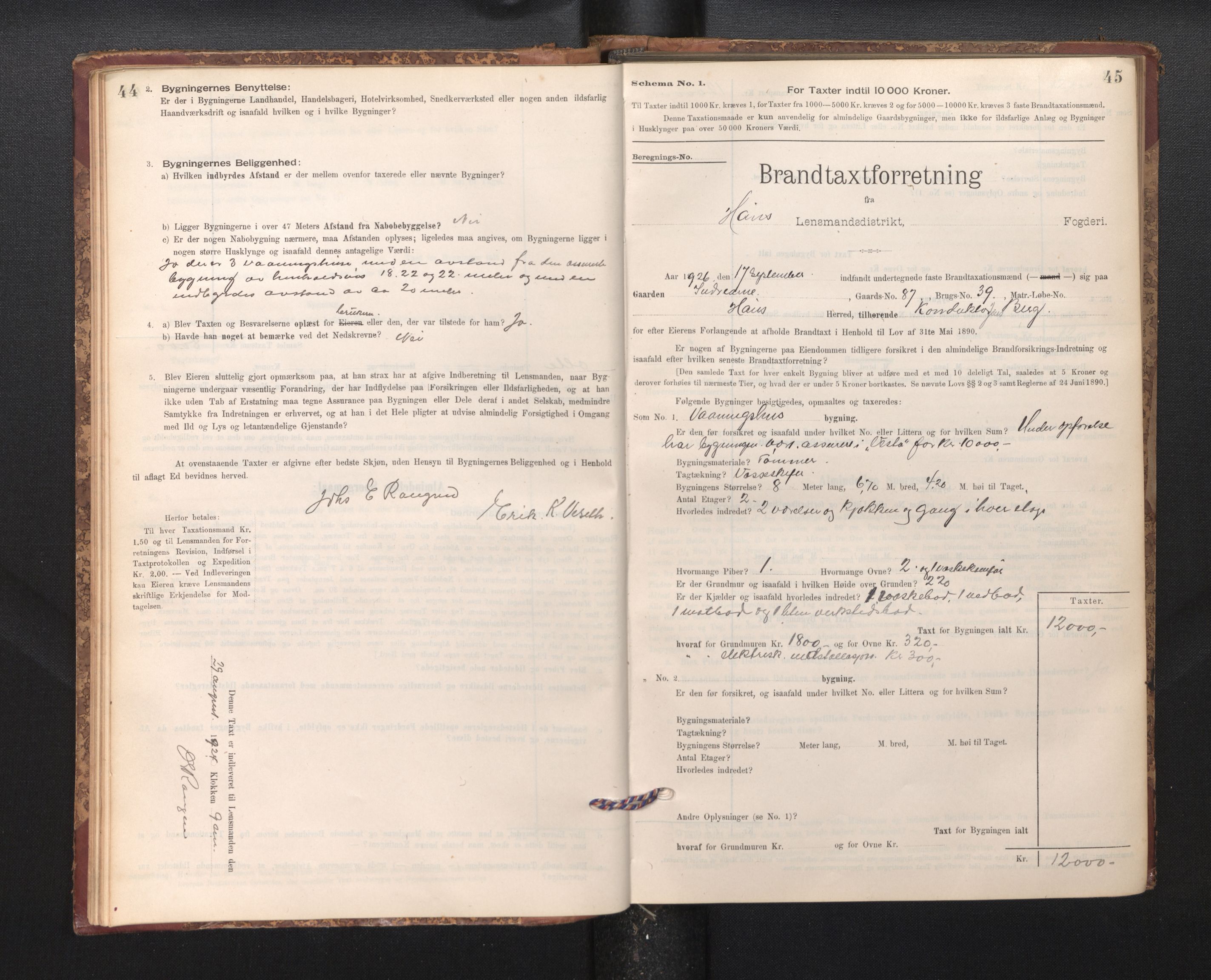 Lensmannen i Haus, SAB/A-32701/0012/L0006: Branntakstprotokoll, skjematakst, 1895-1941, p. 44-45