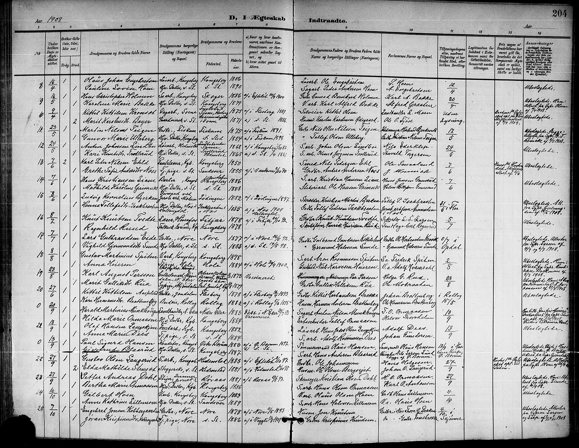 Kongsberg kirkebøker, AV/SAKO-A-22/G/Ga/L0007: Parish register (copy) no. 7, 1901-1915, p. 204