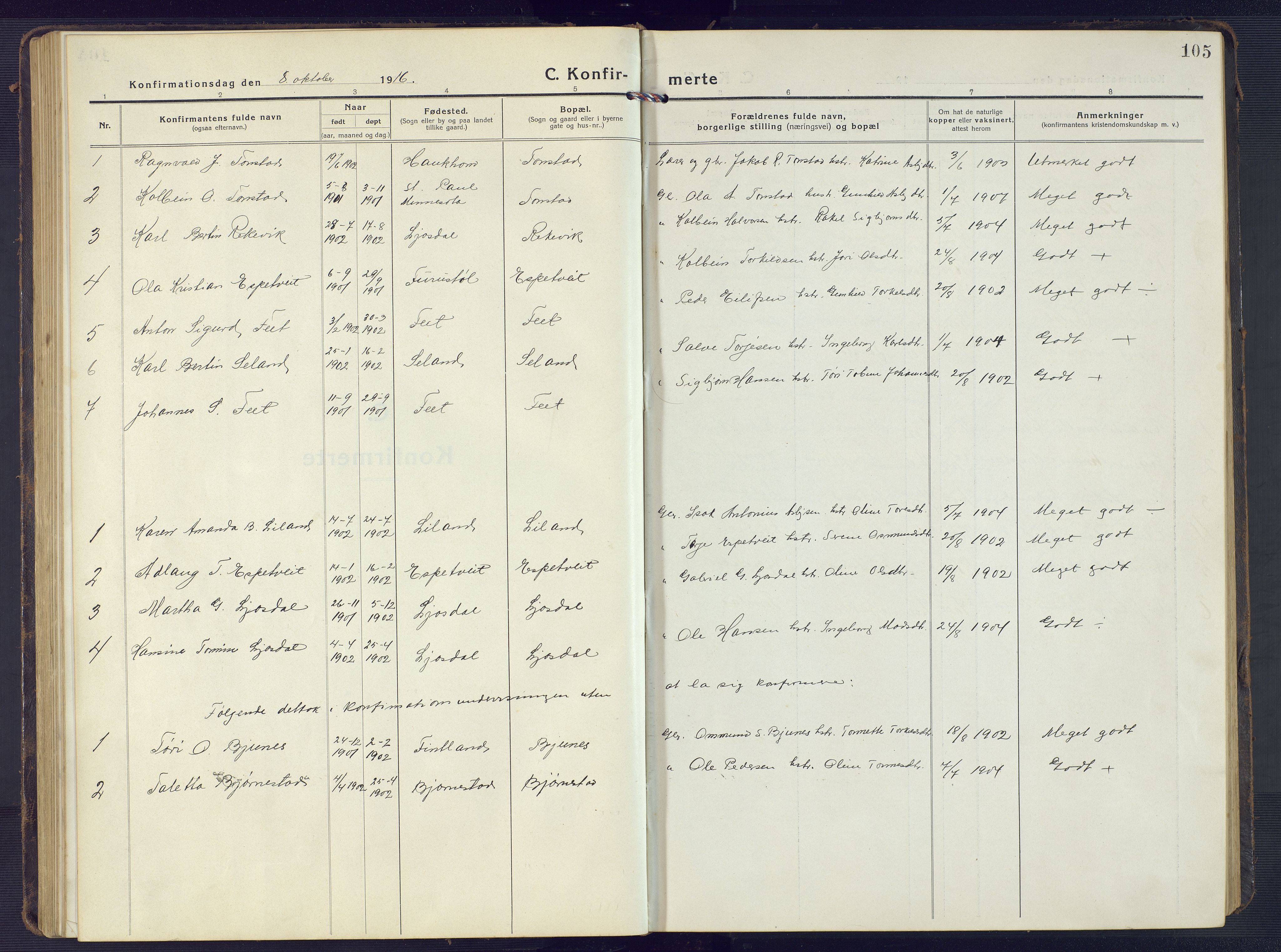 Sirdal sokneprestkontor, SAK/1111-0036/F/Fb/Fbb/L0005: Parish register (copy) no. B 5, 1916-1960, p. 105