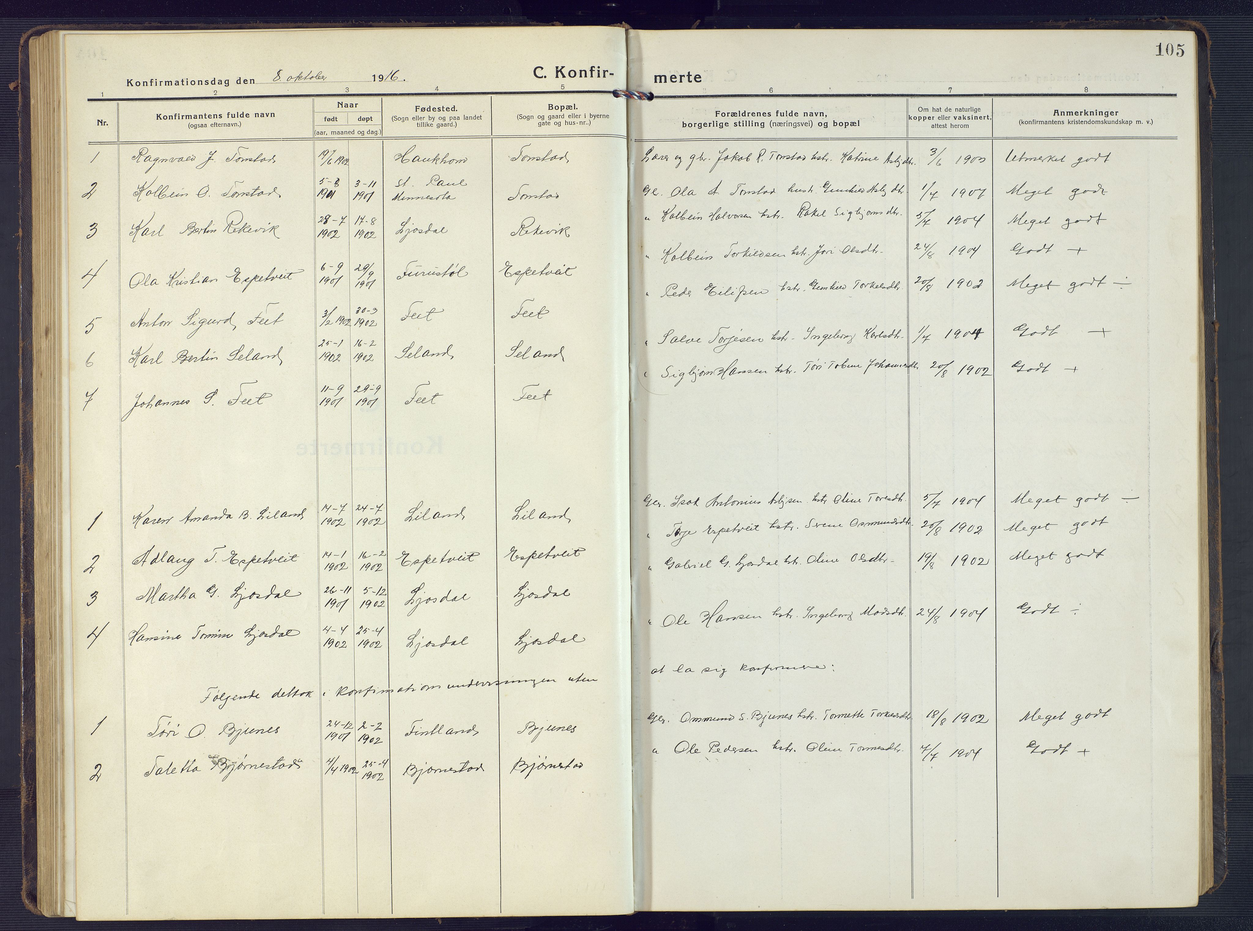 Sirdal sokneprestkontor, AV/SAK-1111-0036/F/Fb/Fbb/L0005: Parish register (copy) no. B 5, 1916-1960, p. 105