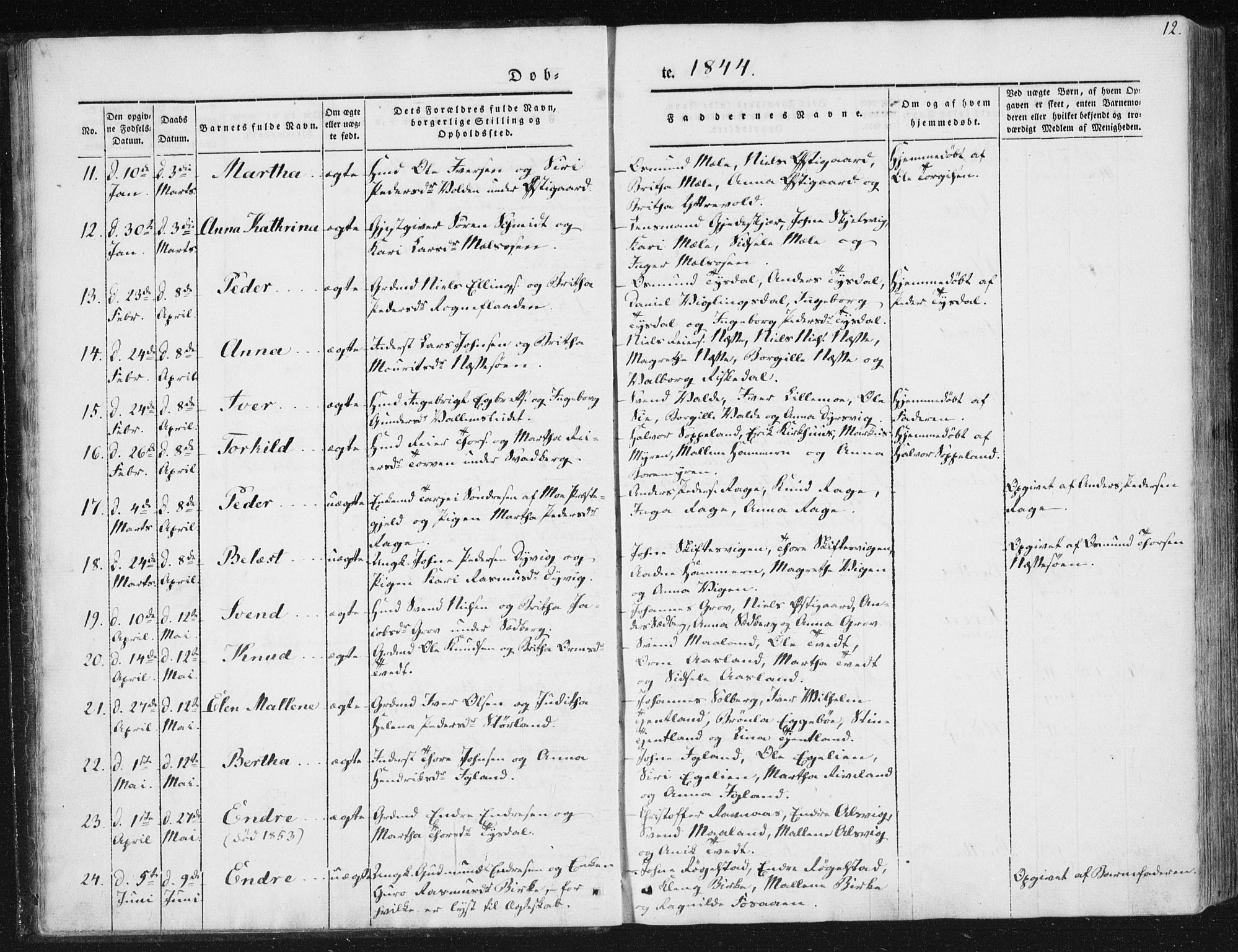 Hjelmeland sokneprestkontor, SAST/A-101843/01/IV/L0008: Parish register (official) no. A 8, 1842-1861, p. 12