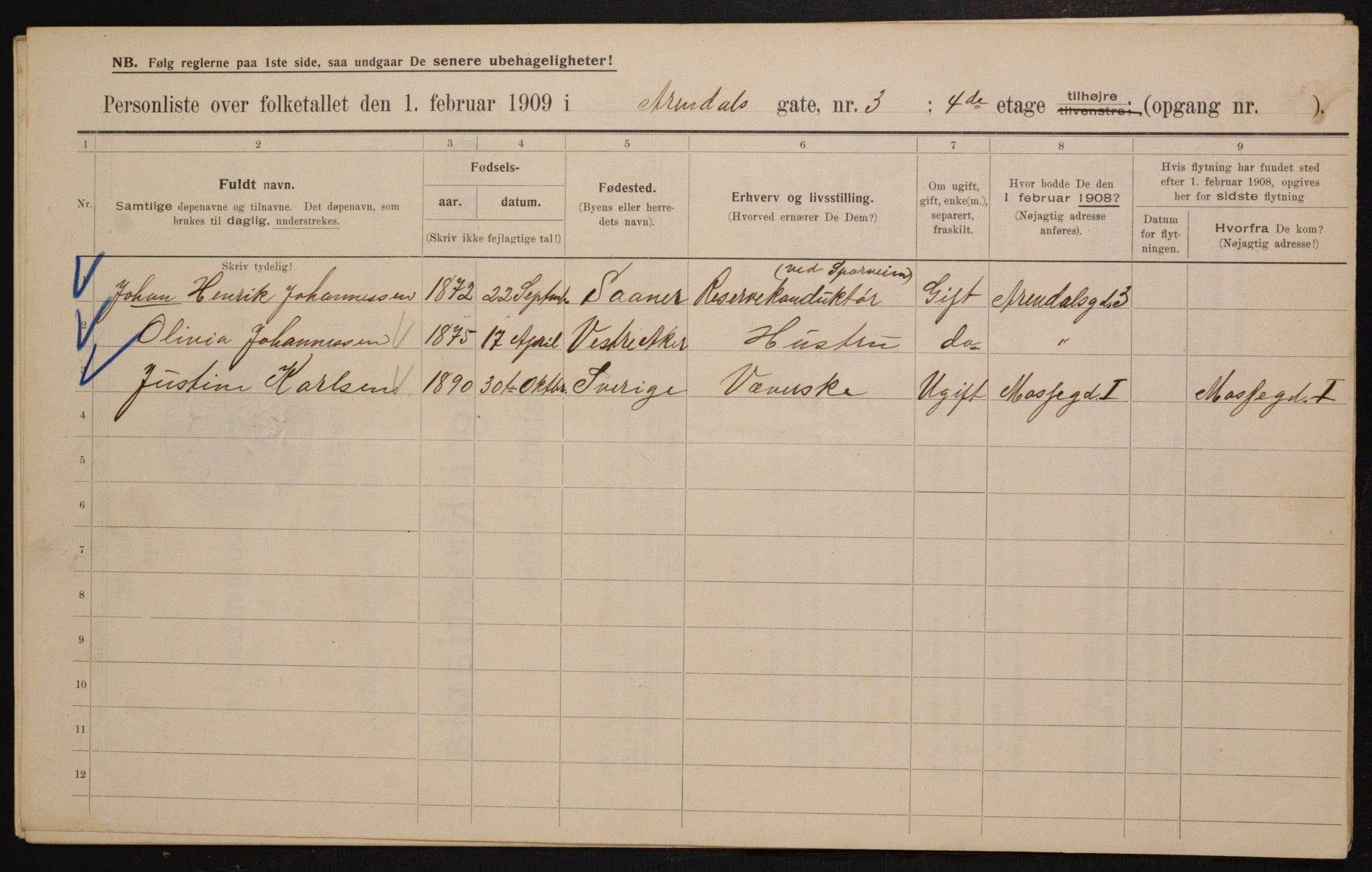 OBA, Municipal Census 1909 for Kristiania, 1909, p. 1870