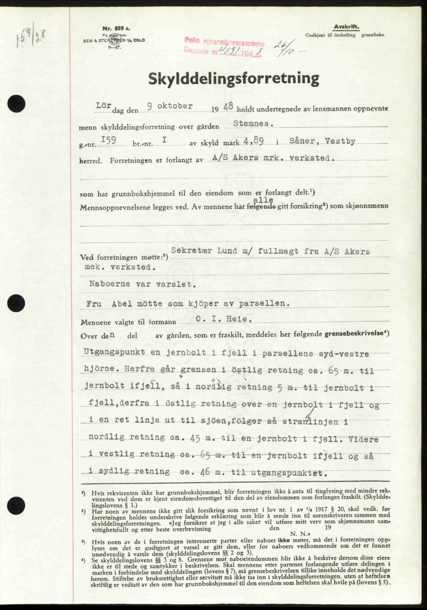 Follo sorenskriveri, SAO/A-10274/G/Ga/Gaa/L0085: Mortgage book no. I 85, 1948-1948, Diary no: : 4031/1948