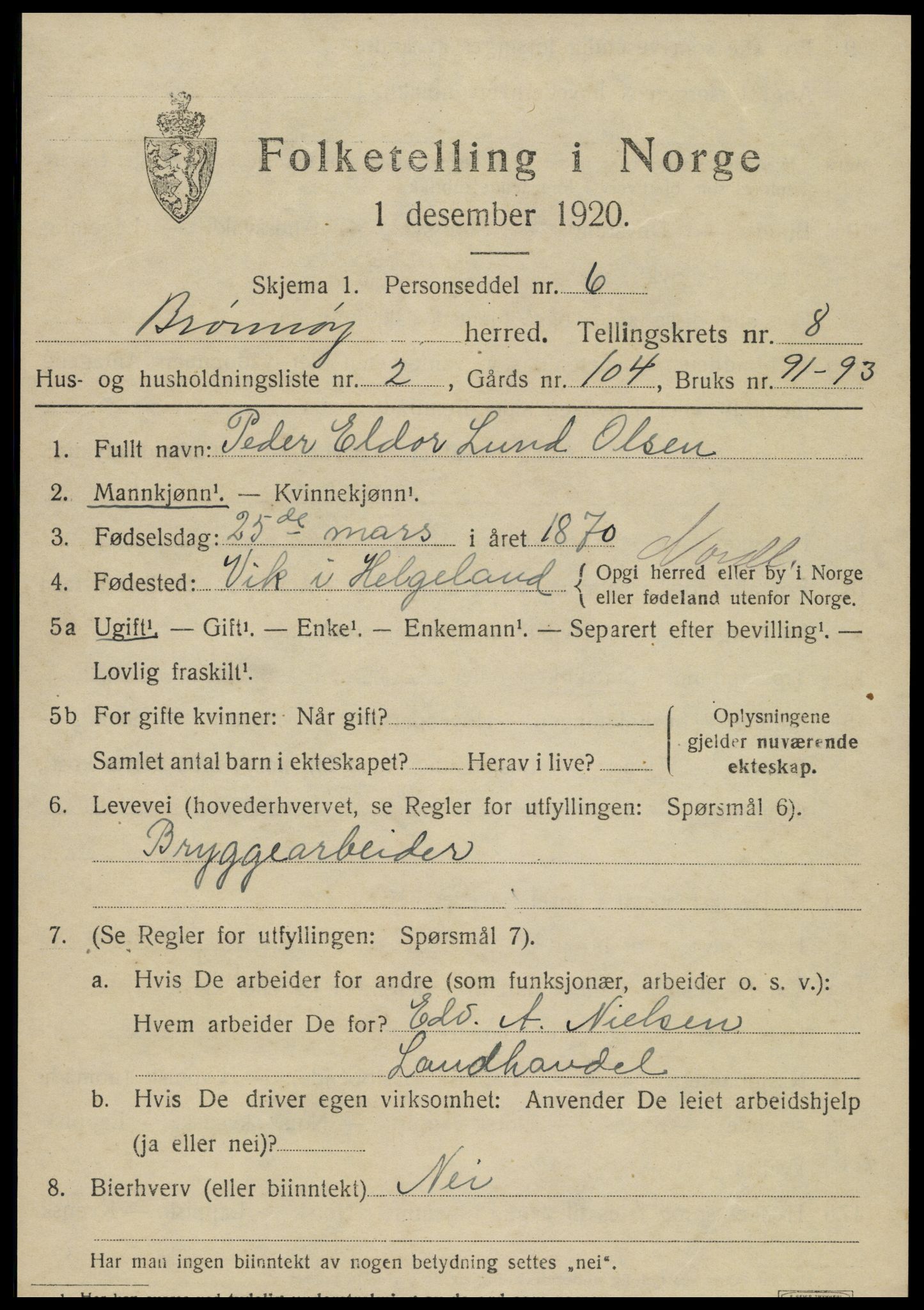 SAT, 1920 census for Brønnøy, 1920, p. 5916