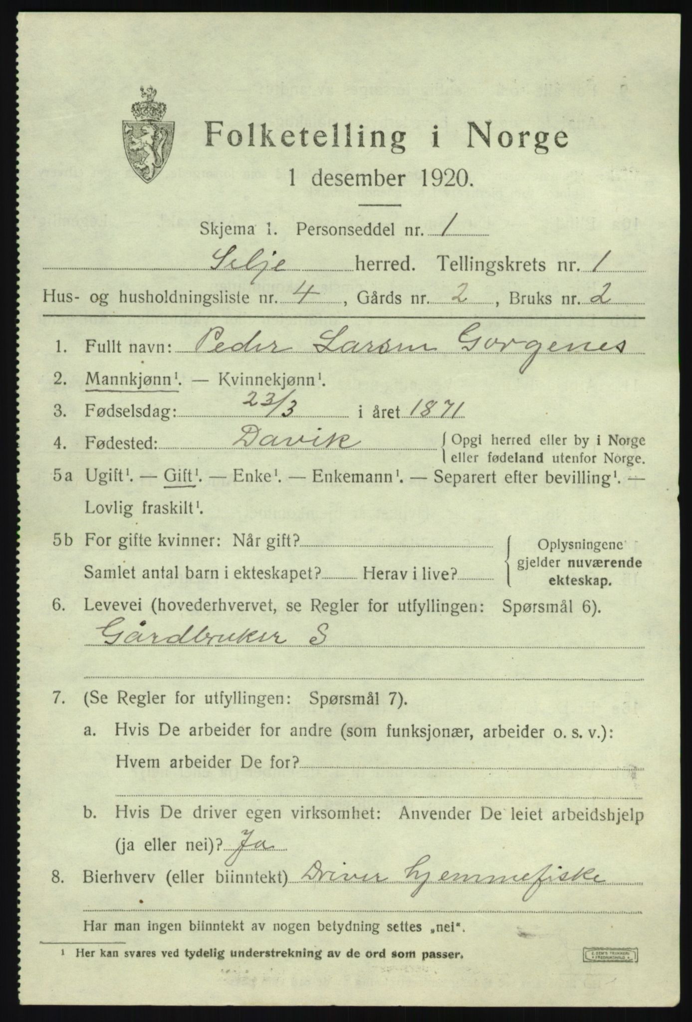 SAB, 1920 census for Selje, 1920, p. 1231