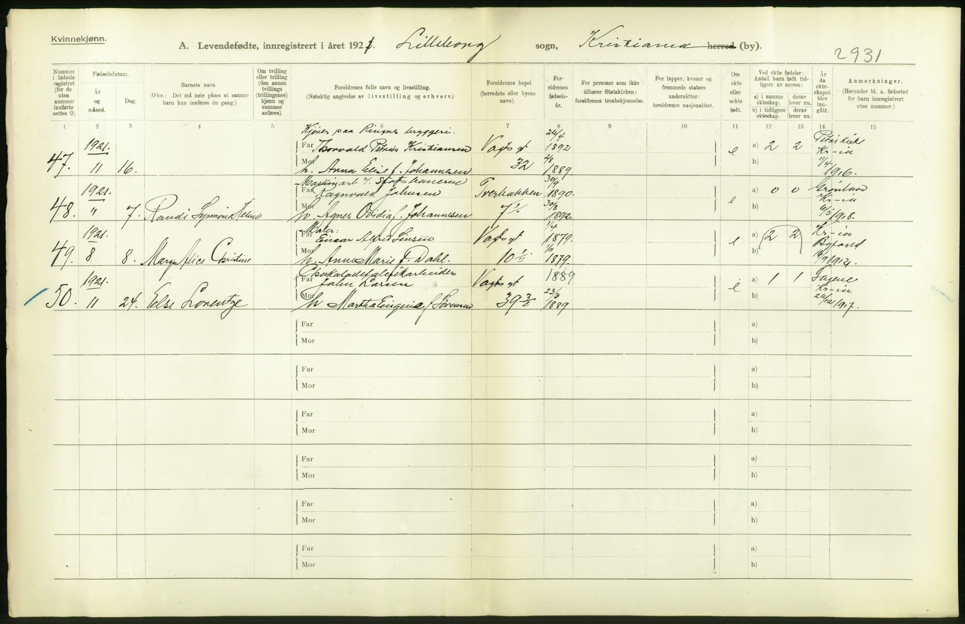 Statistisk sentralbyrå, Sosiodemografiske emner, Befolkning, AV/RA-S-2228/D/Df/Dfc/Dfca/L0008: Kristiania: Levendefødte menn og kvinner., 1921, p. 48