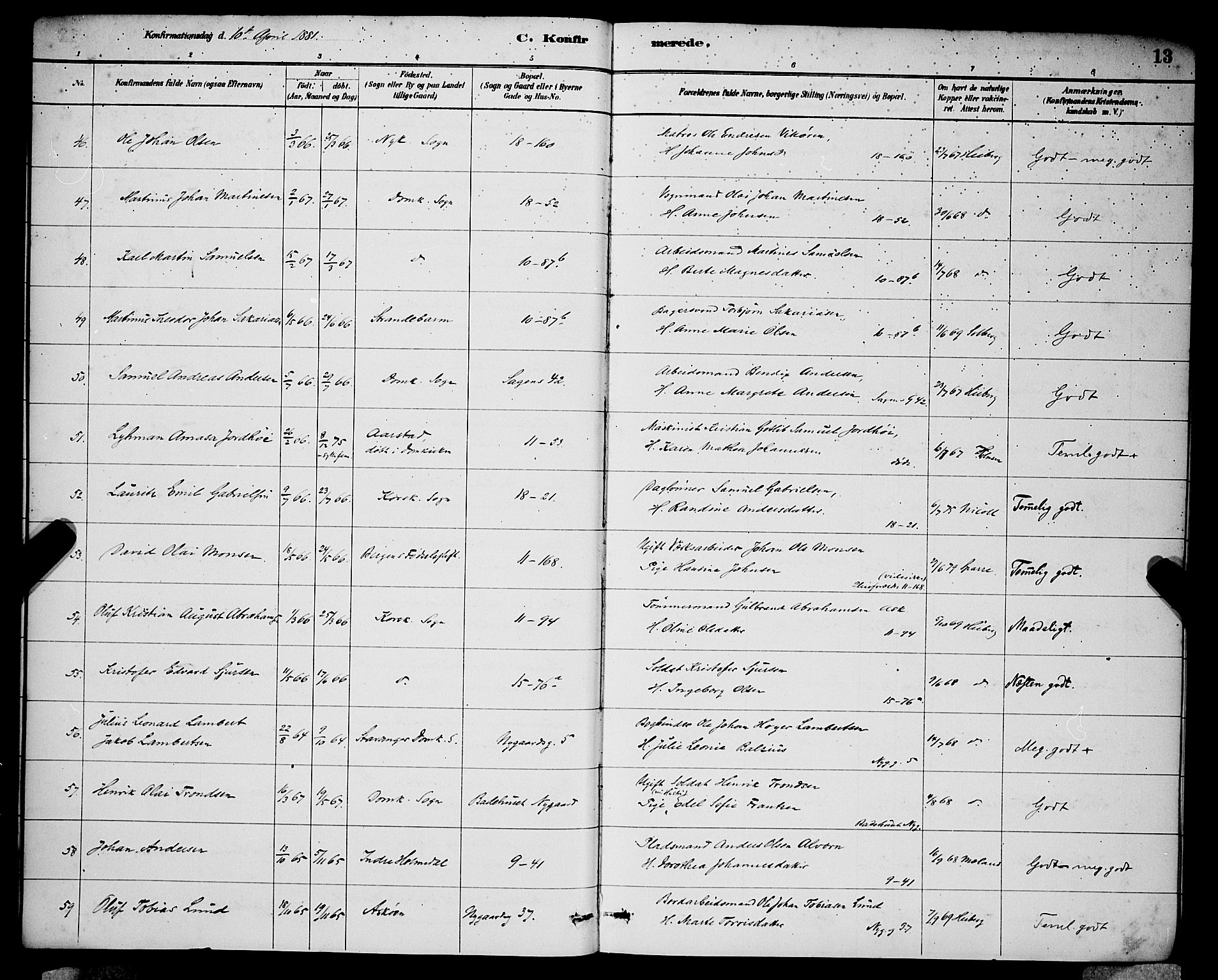 Domkirken sokneprestembete, AV/SAB-A-74801/H/Hab/L0024: Parish register (copy) no. C 4, 1880-1899, p. 13