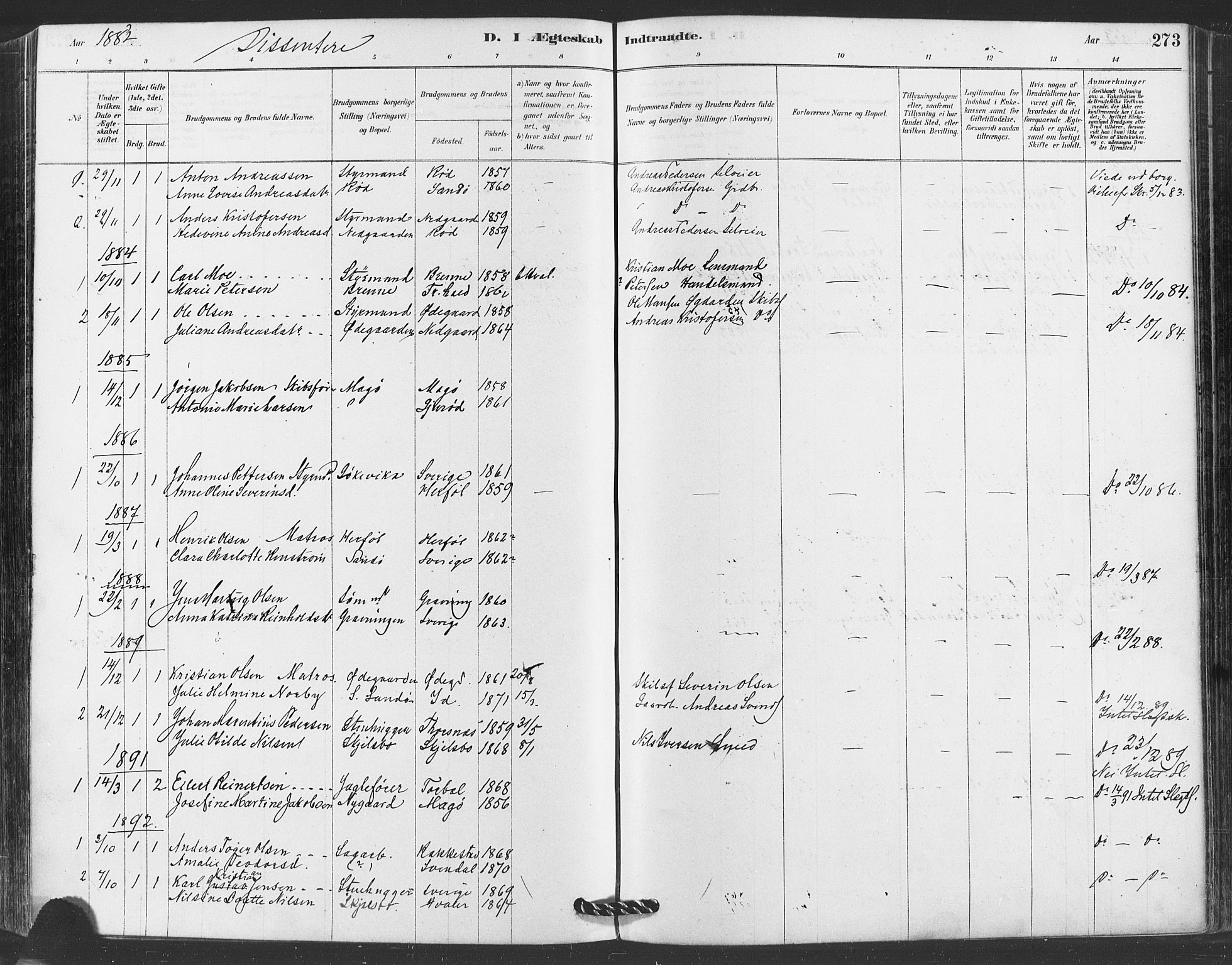 Hvaler prestekontor Kirkebøker, SAO/A-2001/F/Fa/L0008: Parish register (official) no. I 8, 1878-1895, p. 273