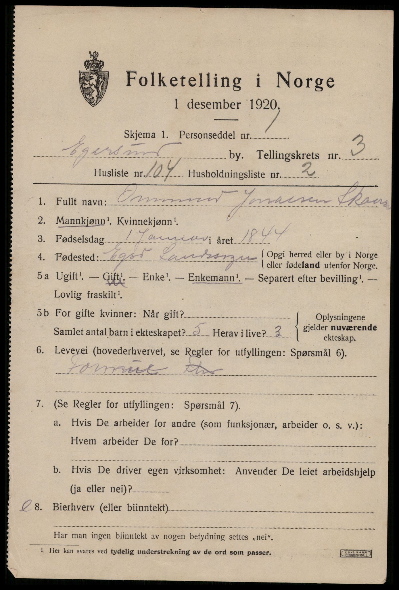 SAST, 1920 census for Egersund town, 1920, p. 6328