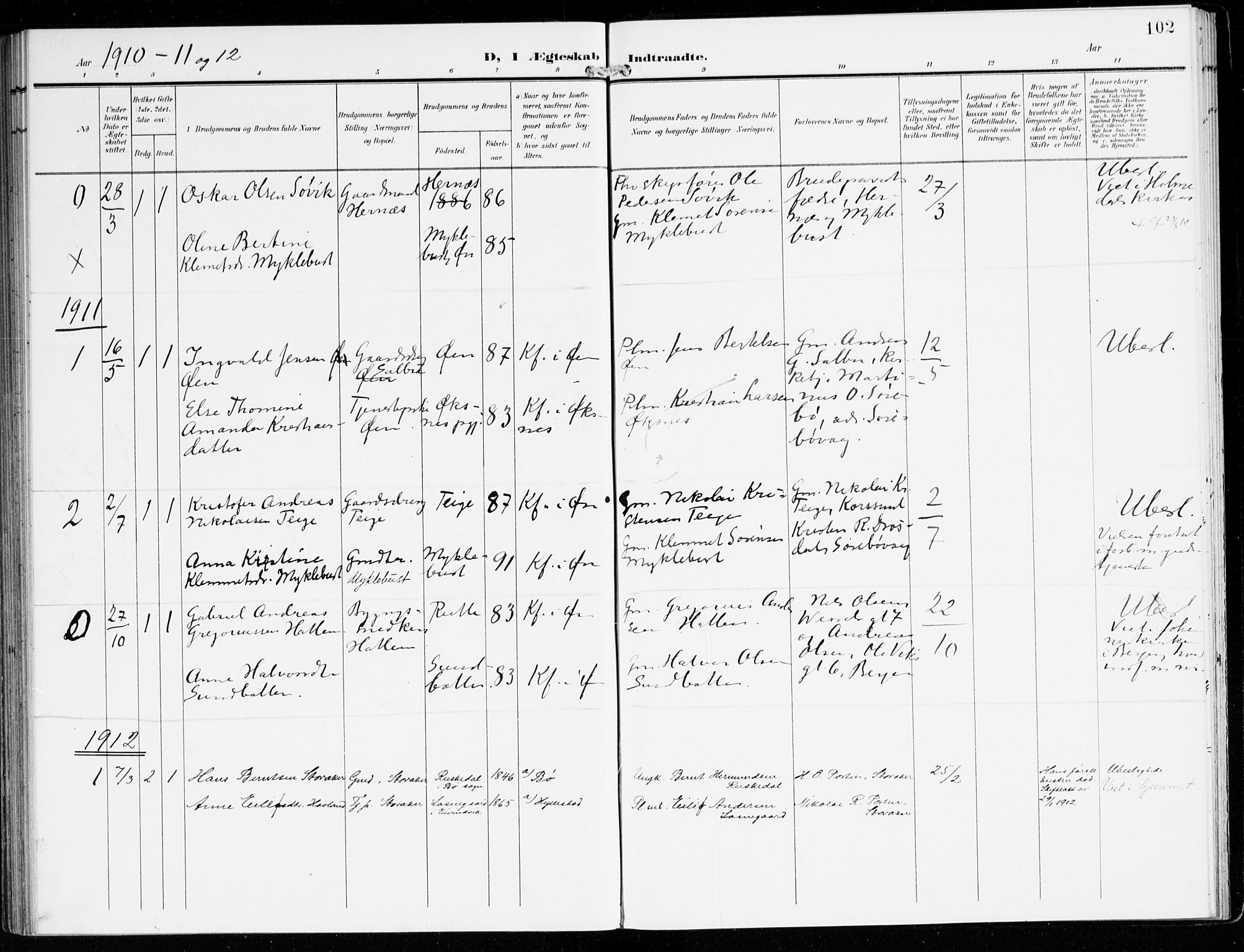 Hyllestad sokneprestembete, SAB/A-80401: Parish register (official) no. D 2, 1905-1919, p. 102