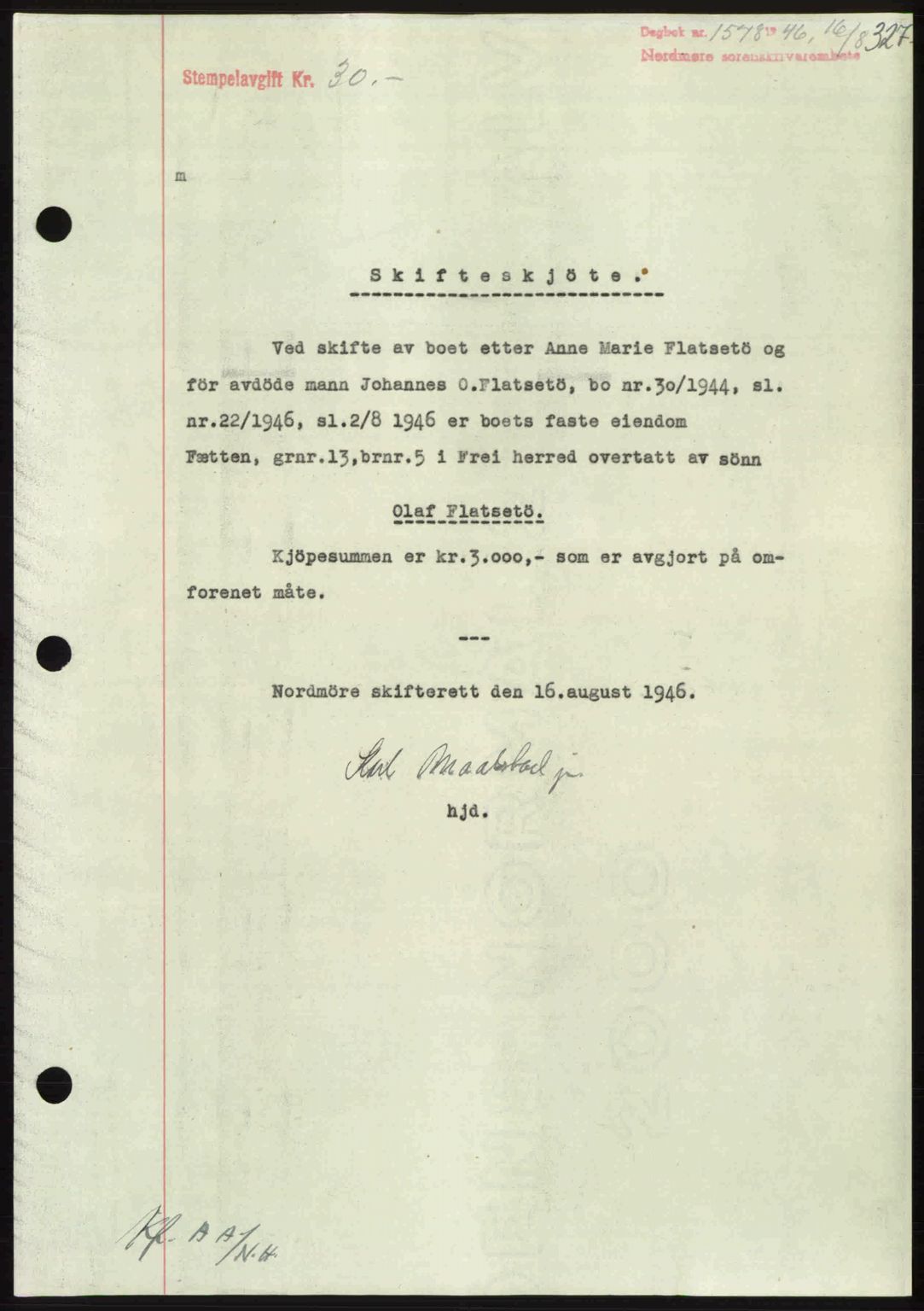 Nordmøre sorenskriveri, AV/SAT-A-4132/1/2/2Ca: Mortgage book no. A102, 1946-1946, Diary no: : 1578/1946