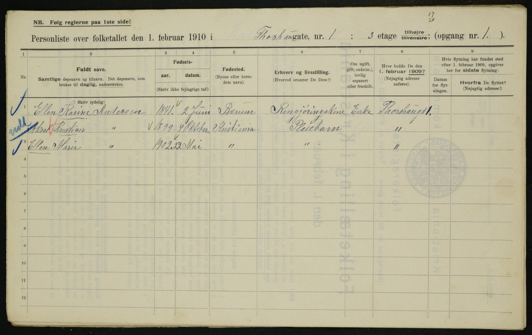 OBA, Municipal Census 1910 for Kristiania, 1910, p. 108593