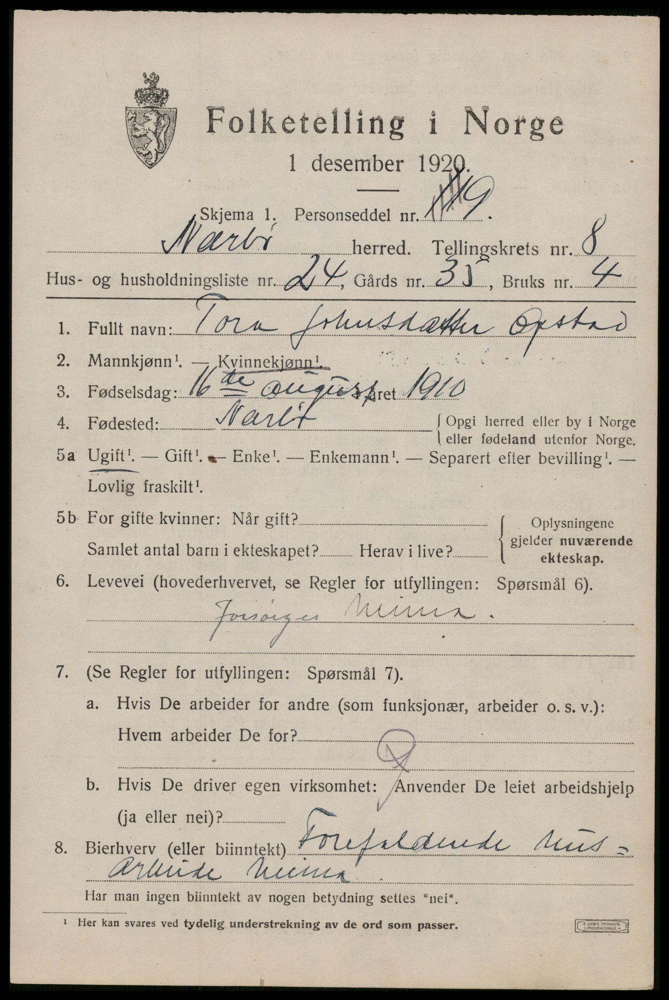 SAST, 1920 census for Nærbø, 1920, p. 5359