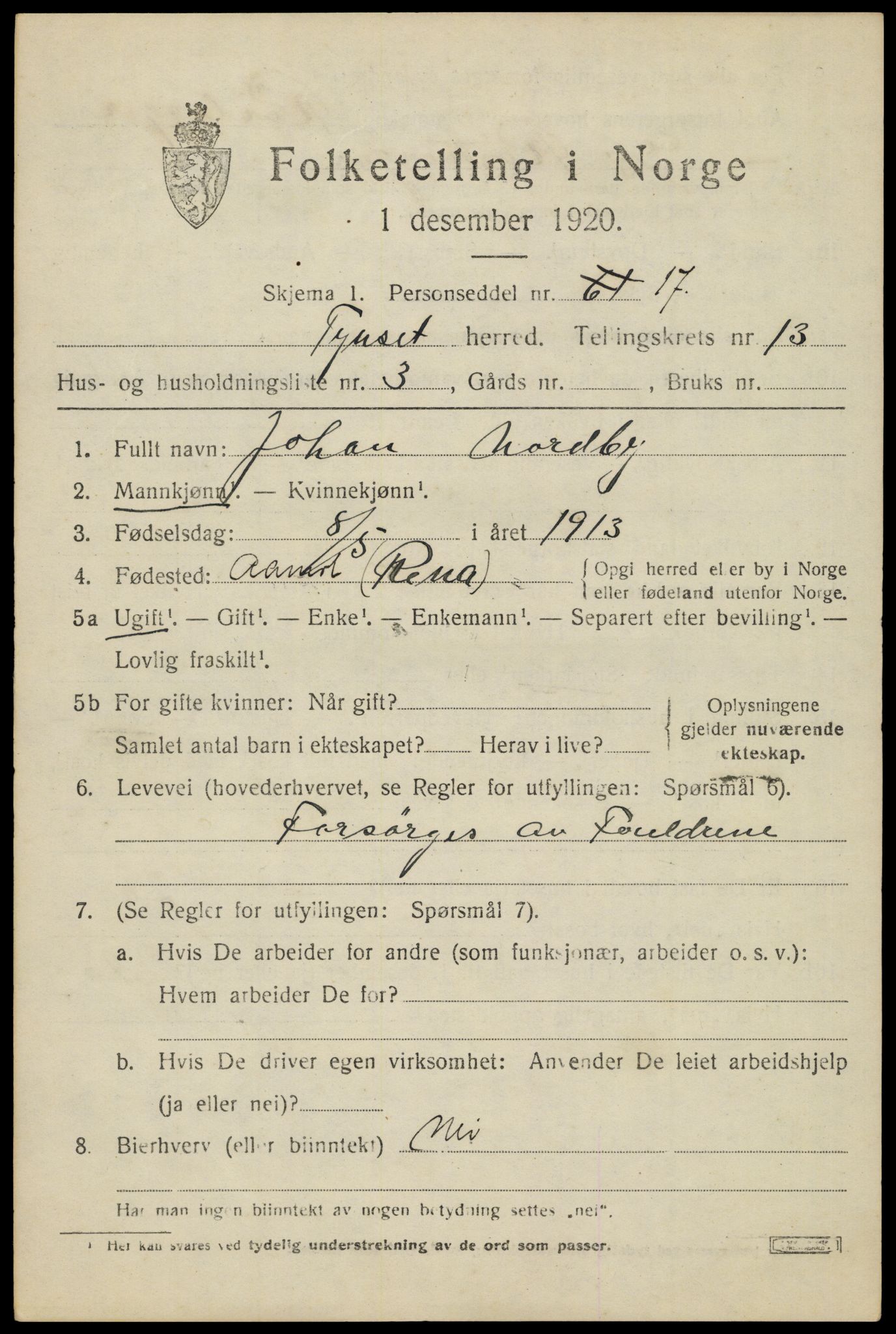 SAH, 1920 census for Tynset, 1920, p. 8620