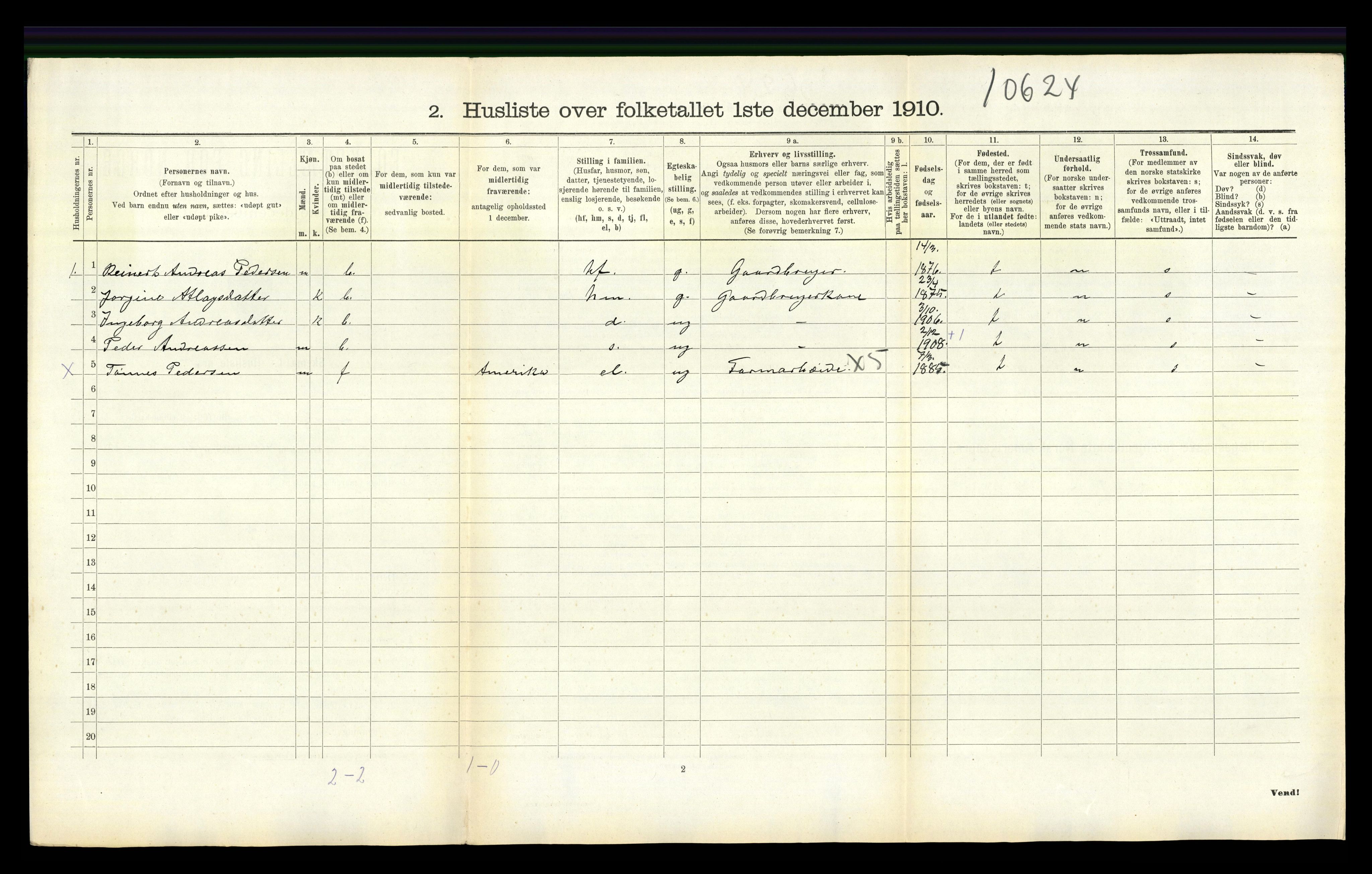 RA, 1910 census for Tonstad, 1910, p. 261