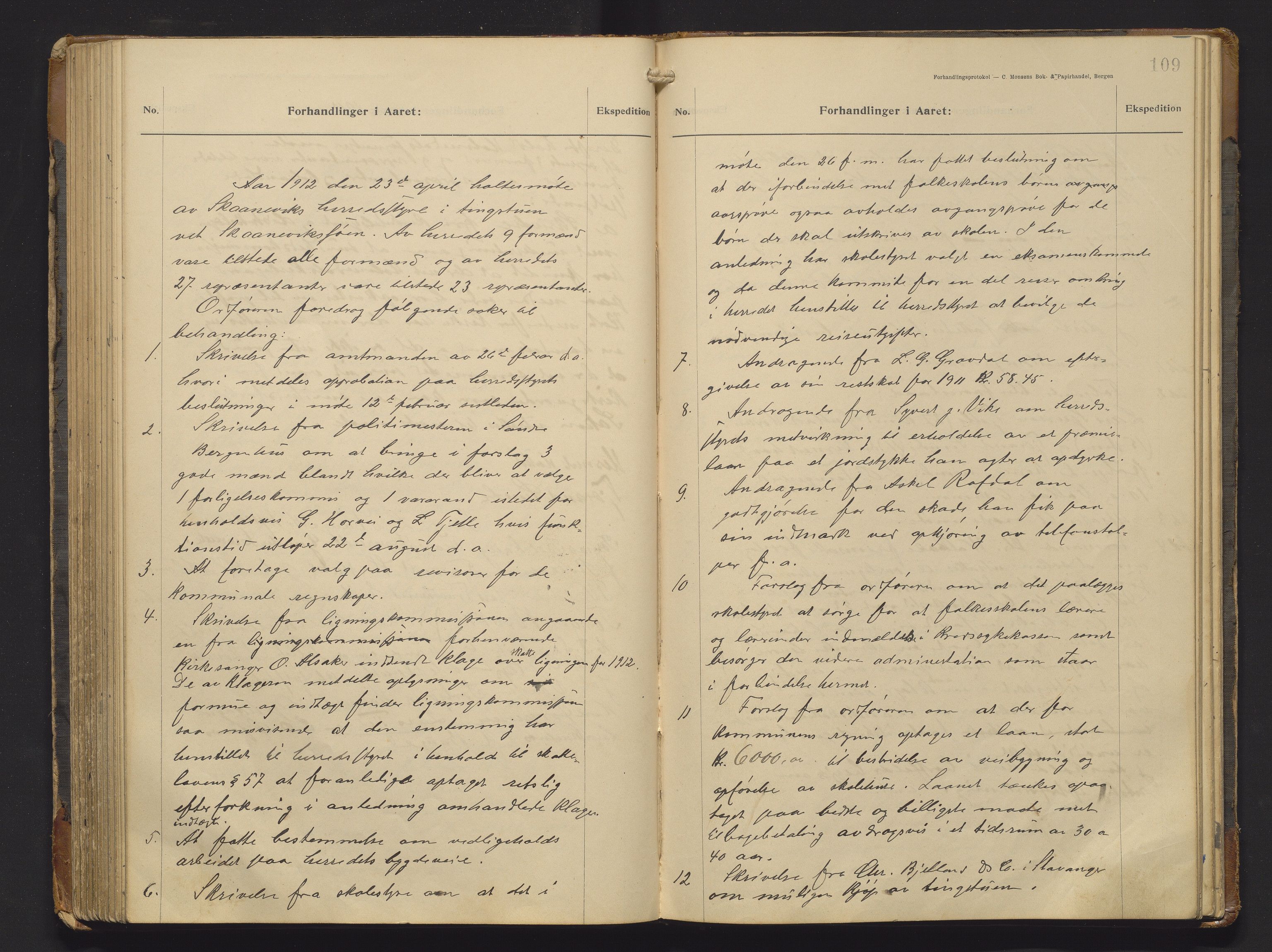 Skånevik kommune. Formannskapet, IKAH/1212-021/A/Aa/L0006: Møtebok for Skånevik formannskap og heradsstyre, 1908-1913, p. 109