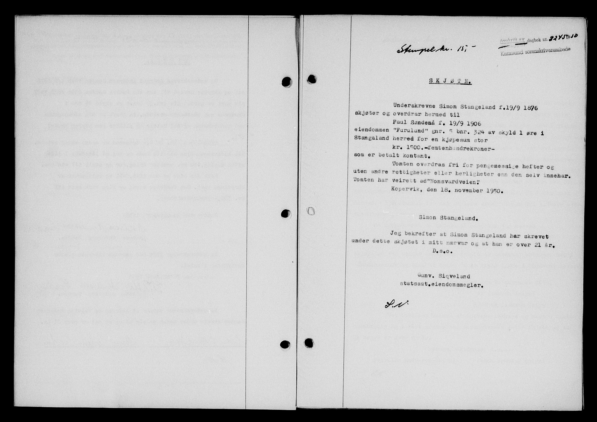 Karmsund sorenskriveri, SAST/A-100311/01/II/IIB/L0101: Mortgage book no. 81A, 1950-1951, Diary no: : 3245/1950