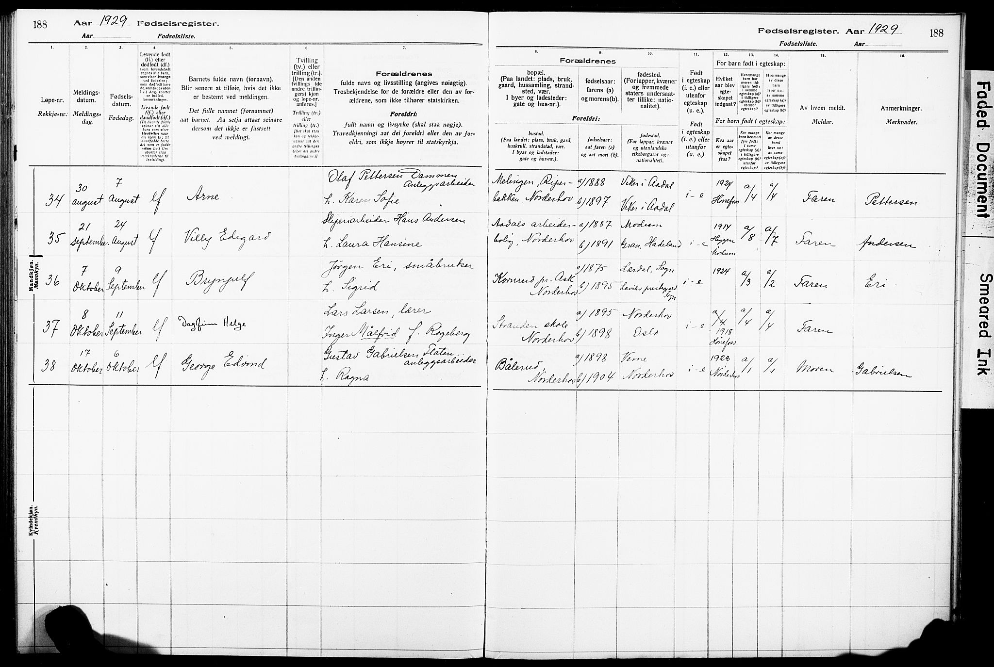 Norderhov kirkebøker, AV/SAKO-A-237/J/Ja/L0001: Birth register no. 1, 1916-1930, p. 188