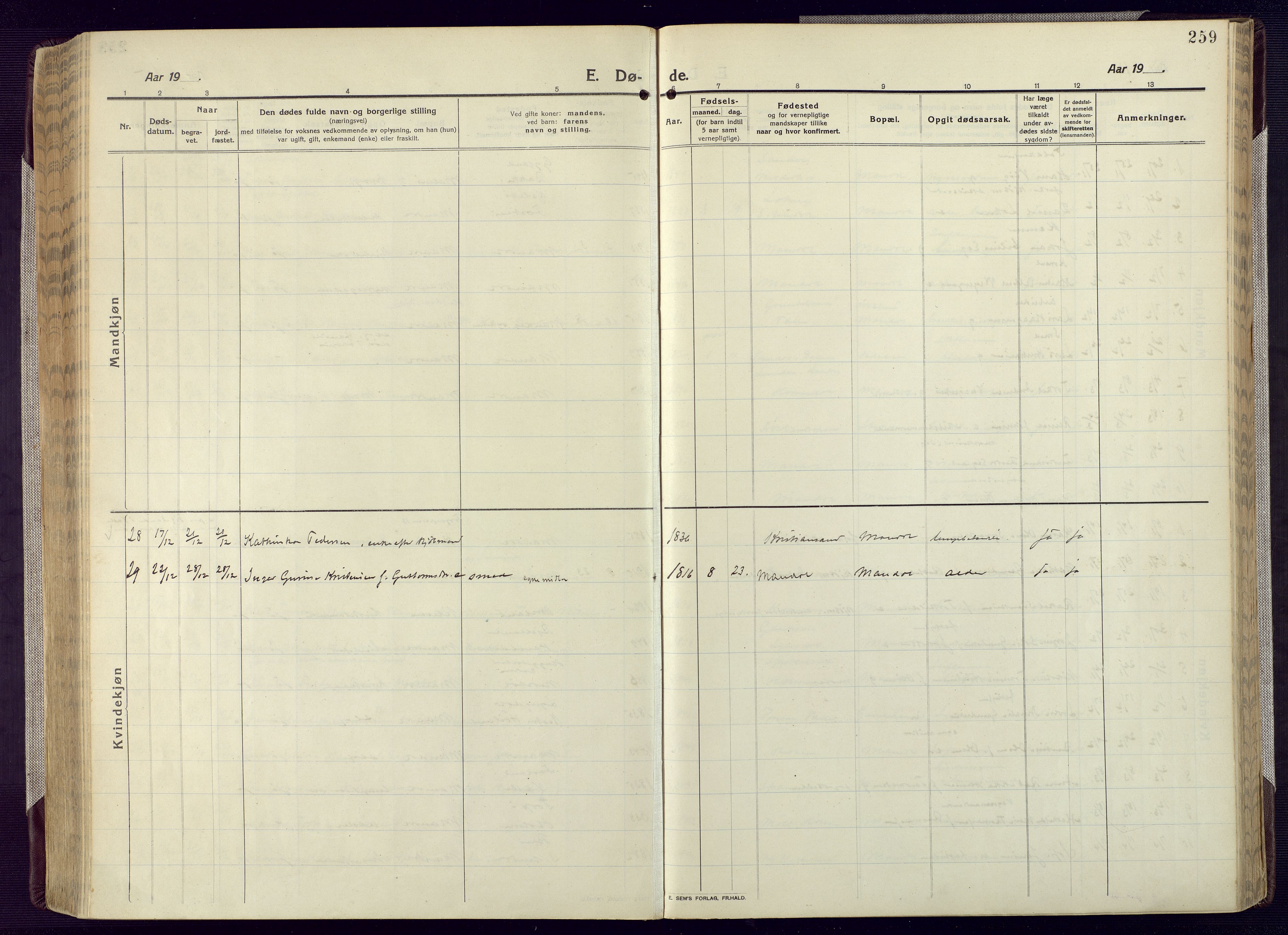 Mandal sokneprestkontor, AV/SAK-1111-0030/F/Fa/Fac/L0001: Parish register (official) no. A 1, 1913-1925, p. 259