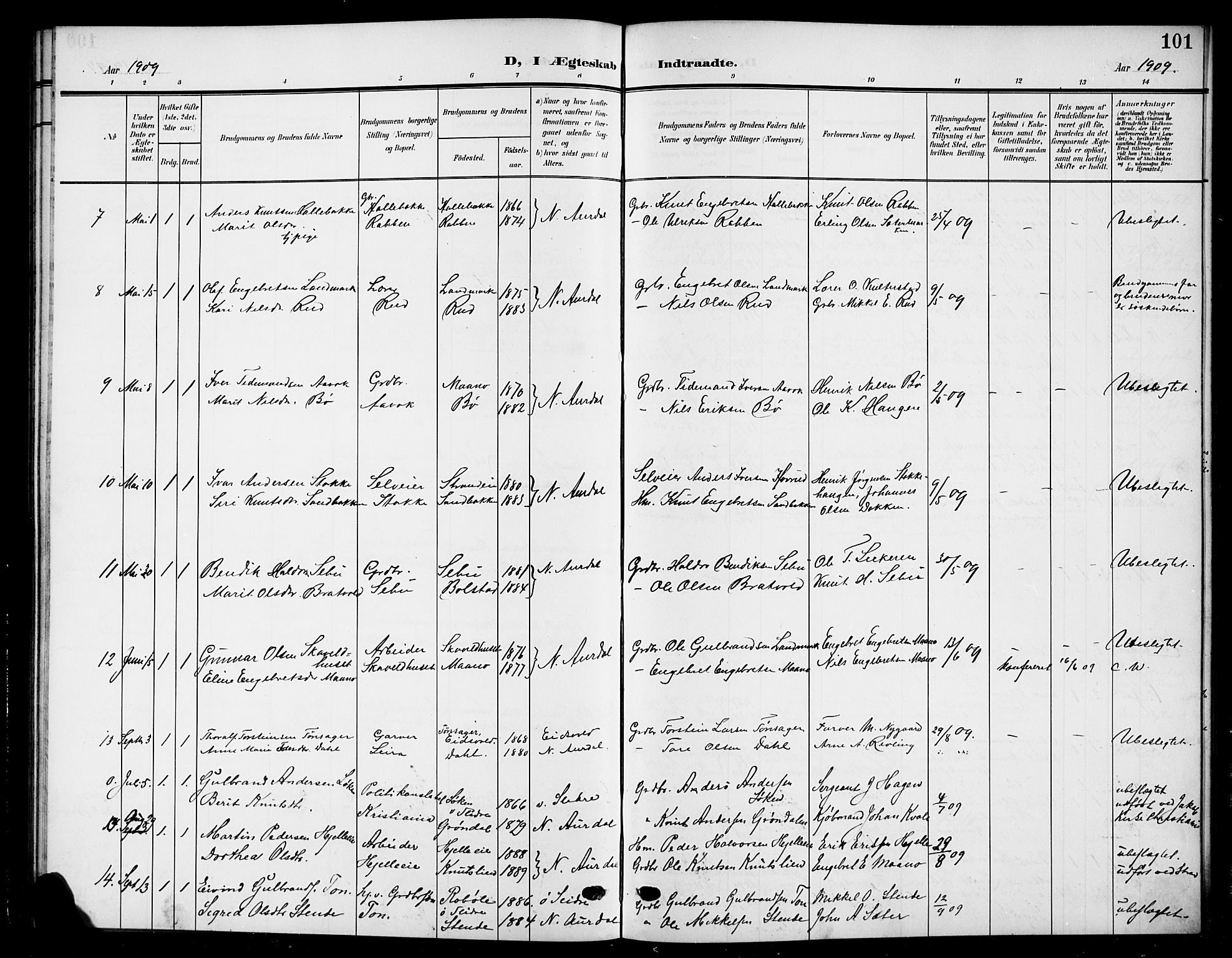 Nord-Aurdal prestekontor, SAH/PREST-132/H/Ha/Hab/L0012: Parish register (copy) no. 12, 1907-1920, p. 101